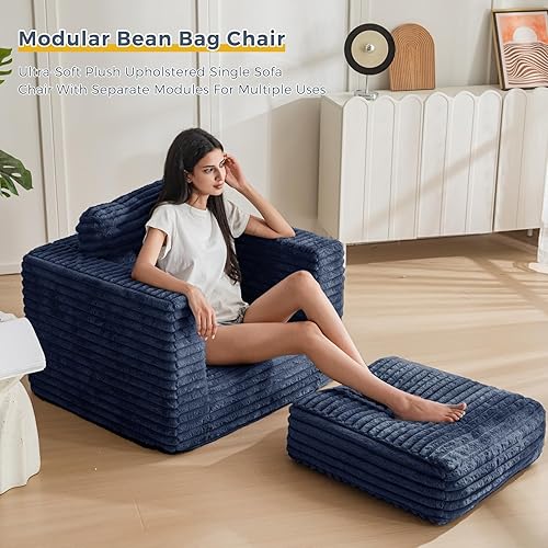 Miniatura 12 de MAXYOYO Puf gigante para adultos, sofá tapizado de suelo con almohadas y reposabrazos, puf grande de felpa, sofá para dormitorio, sala de estar,