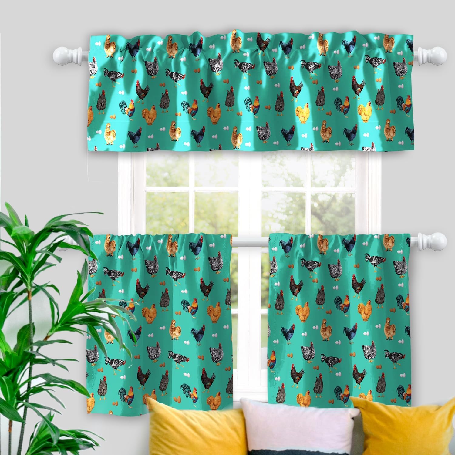 WIRESTER Kitchen Window Curtain Set, 1 Valance and 2 Tiers, Short Curtains Decoration for Home, Living Room, Bedroom - Chicken Pattern