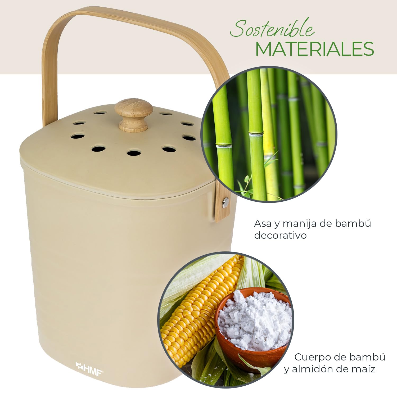 HMF Cubo de basura orgánico sostenible para cocina, 3 L, color beige (fibra de bambú, almidón de maíz)