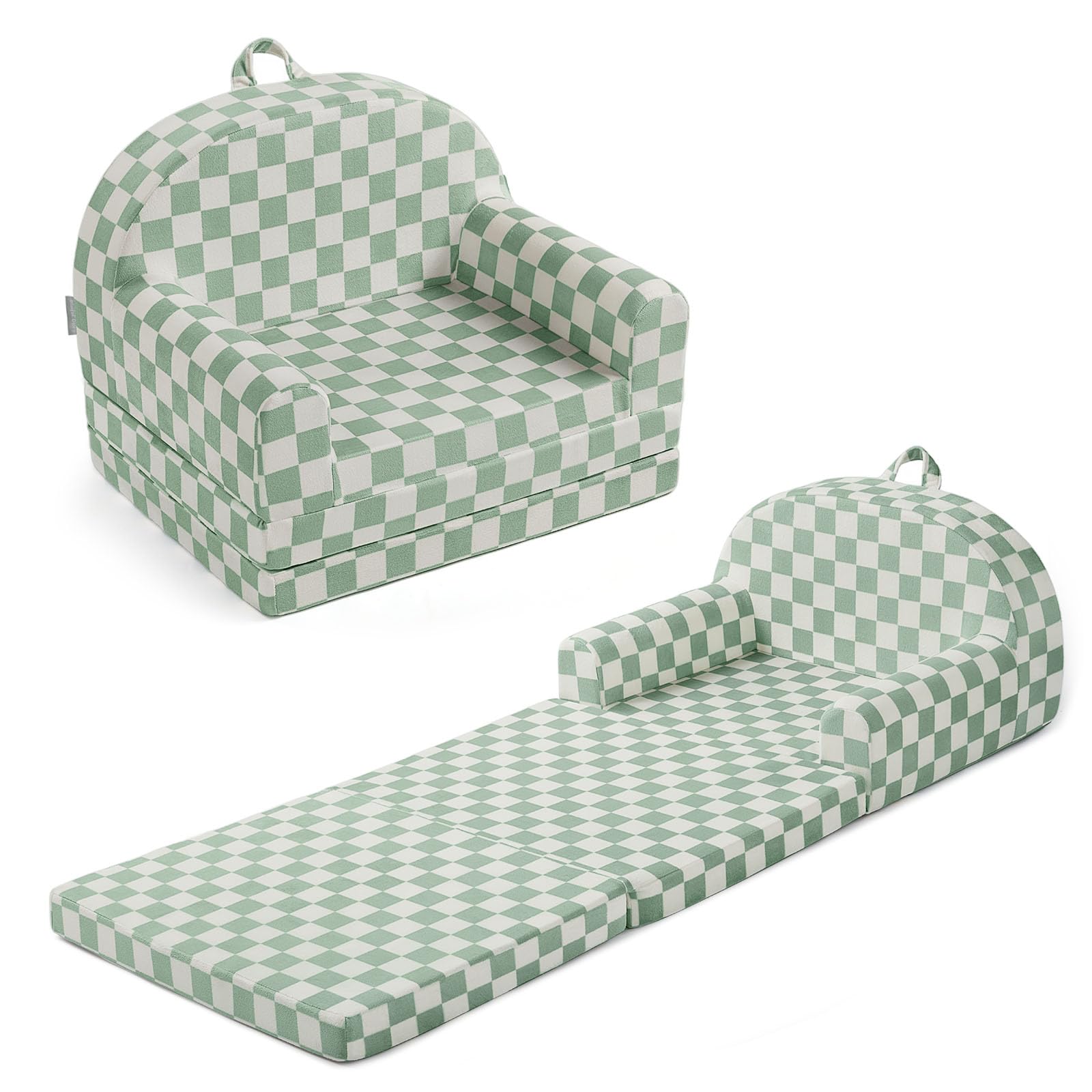 Blissful Diary Foldable Toddler Couch, 2-in-1 Comfy Toddler Chair & Lounger for Reading, Playroom, Kids Couch Sofa for Girls Boys Birthday Gift, Sage Checkered