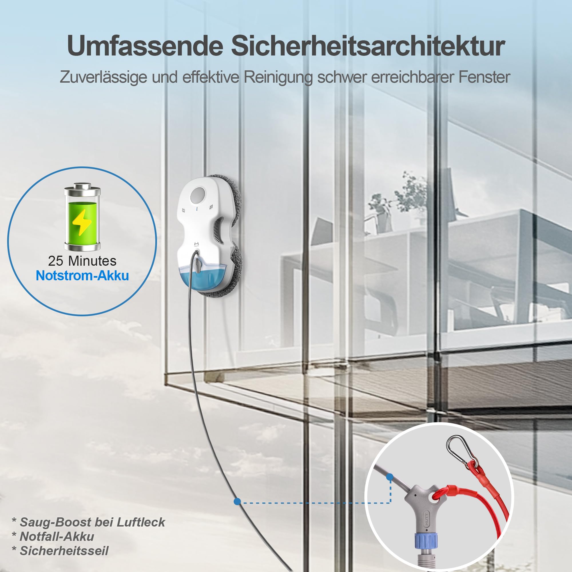 Hutt S7 Plus Fensterputzroboter Akku kabellos, Abnehmbarer Akku, 60 Min Laufzeit, 6500 Pa Saugkraft, 3D schwebendes Doppelpad, automatischer Fensterreiniger mit Sprühfunktion, 80 ml Tank, Koffer