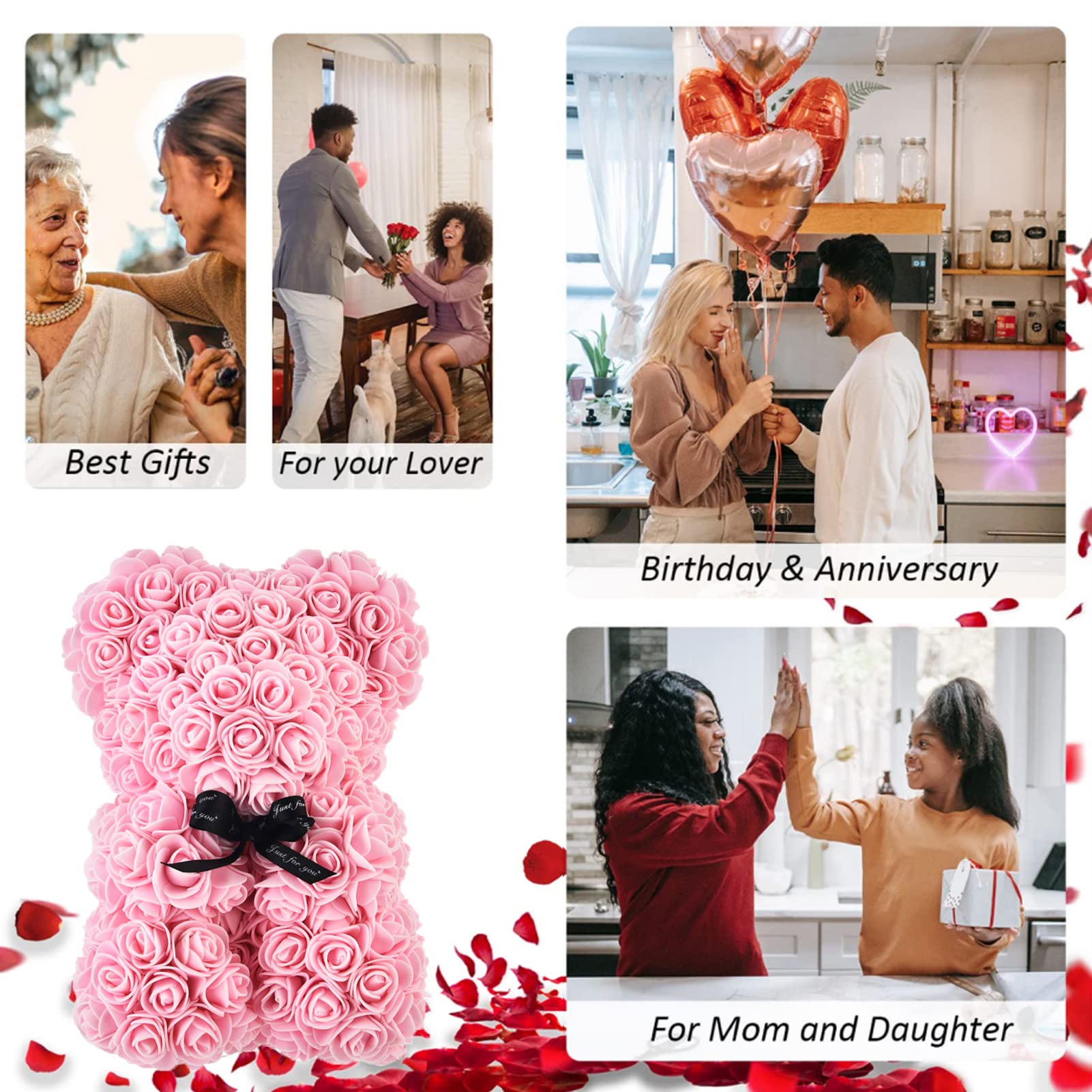 Orsetto Rosa Fiore Regalo Donna, Regali di San Valentino, Orso Rosa Regali per Lei, Rose Teddy Bear con luci, Regali di compleanno per Ragazza con Confezione Regalo Trasparente e Biglietto d'amore