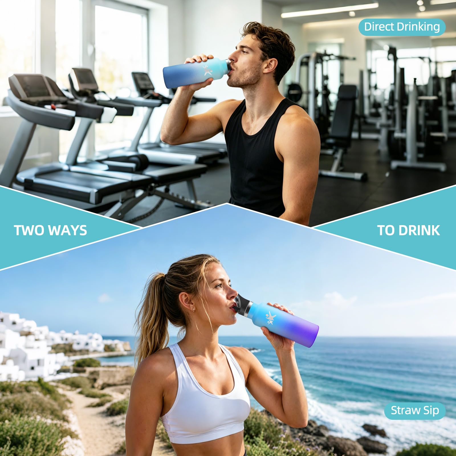 Motswedi Botella Termica 750 ml, Borraccia Acciaio Inox, per Acqua Fredda e Calda, Bottiglia Termica, a Prova di Perdite, Bottiglia Acqua, para Palestra, Ufficio, Yoga, Azzurro cielo & Blu scuro