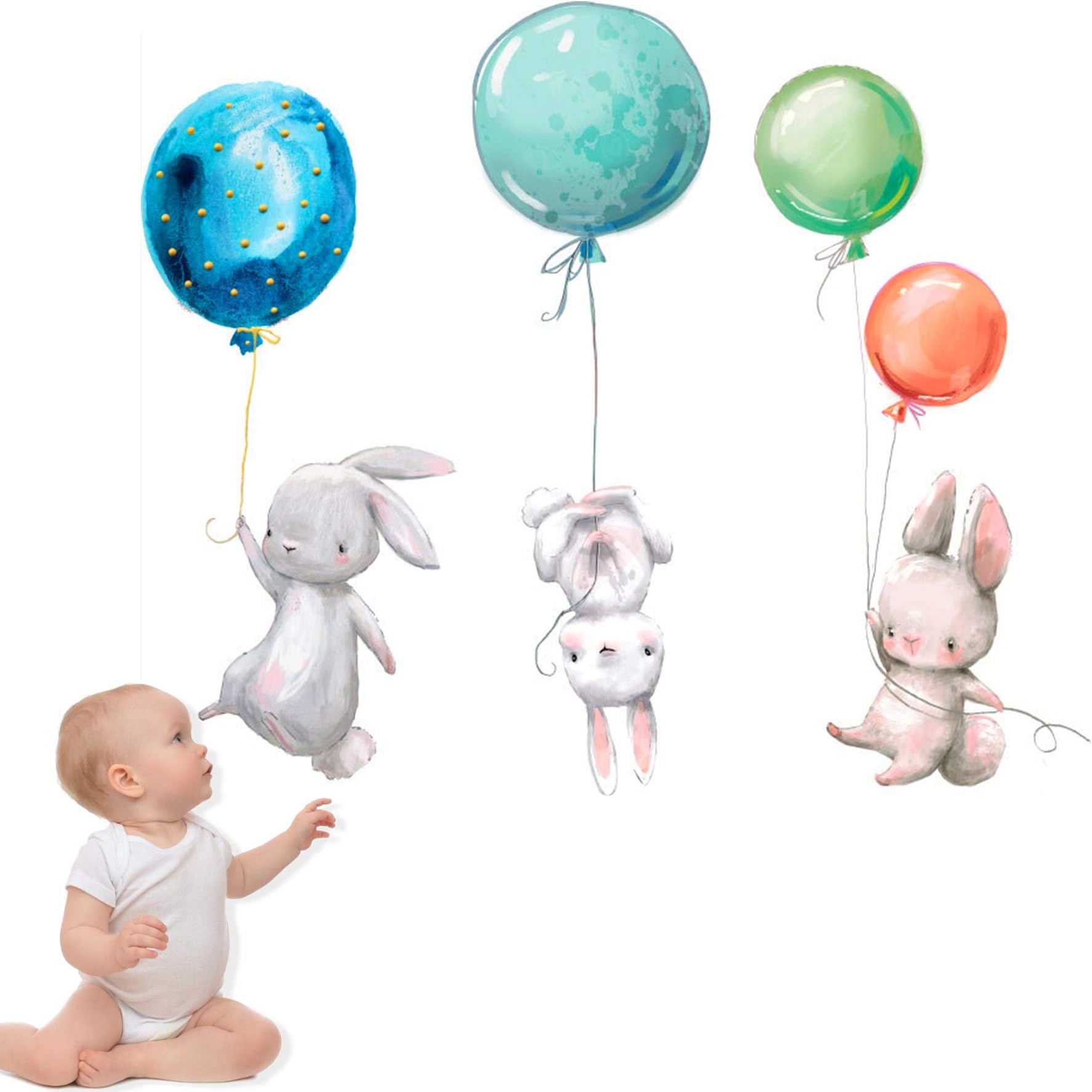 Wall Decals for Girls Bedroom Kids Bedroom Living Room Nursery Wall Stickers Balloon and Bunny Wall Decal Stickers Nursery Decor Cartoon Animal PVC Peel and Stick Wall Stickers Home Decorations