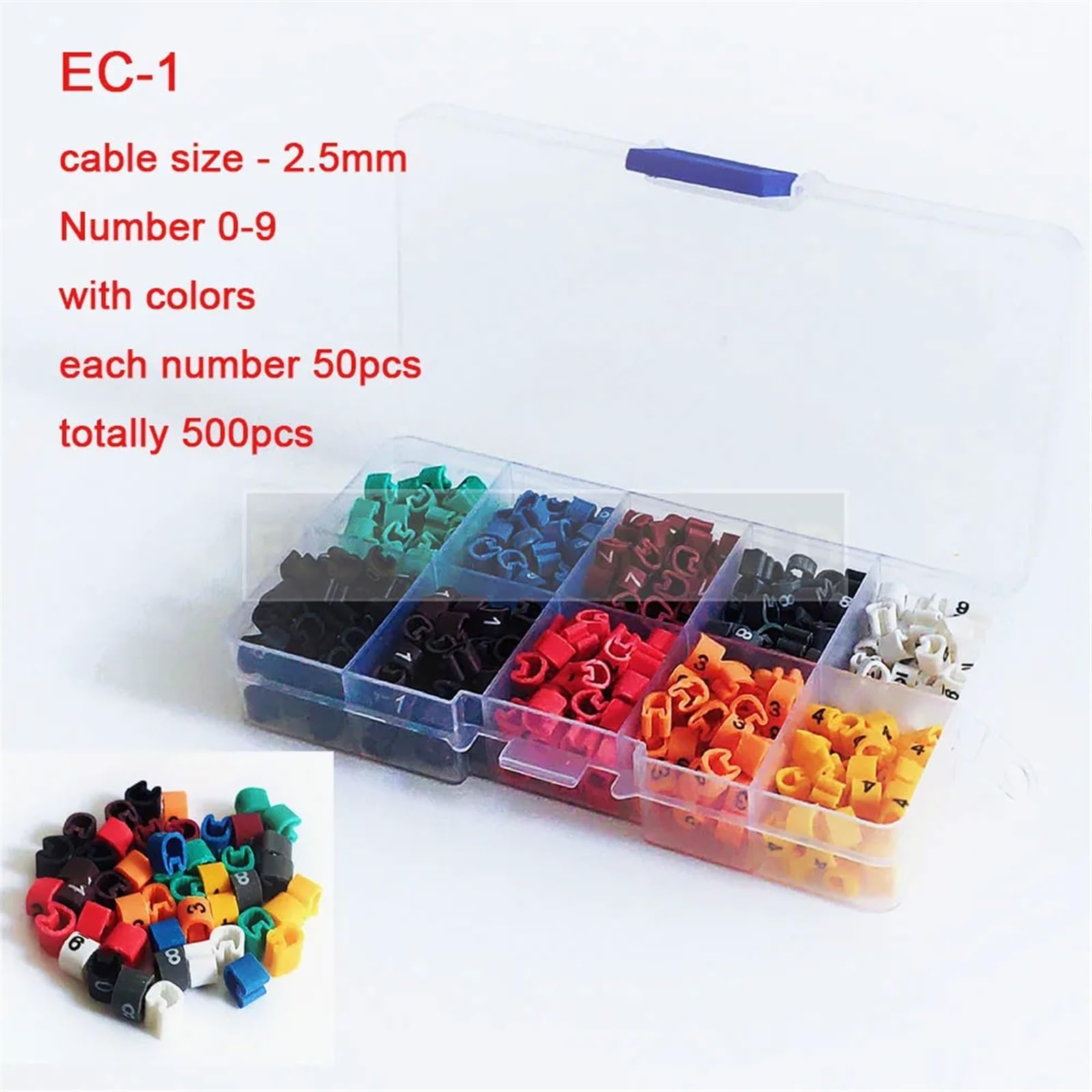 Kabeletiketten, Kabeletiketten EC-0 EC-1, 500 Stück, Markierungsnummern 0 bis 9, farbige 2,5 mm² große isolierte PVC-Kabelmarkierungsetiketten(Ec 1 500pcs 0 9)