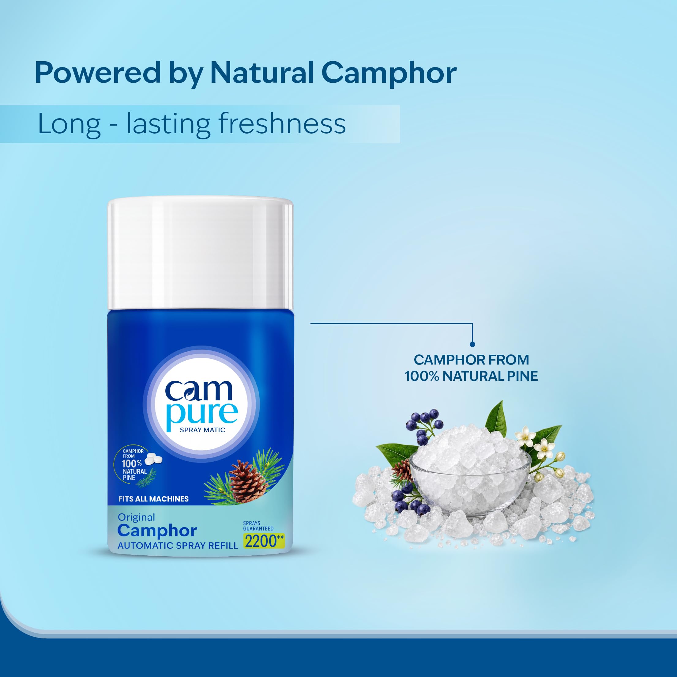CamPure Automatic Freshener Machine + Refill (225 ml)|Original Camphor Air Purifier | Refreshing Fragrance For Home, Bathroom & Office | Air Freshener Kit | 2200 Sprays Guaranteed | Last upto 60 Days