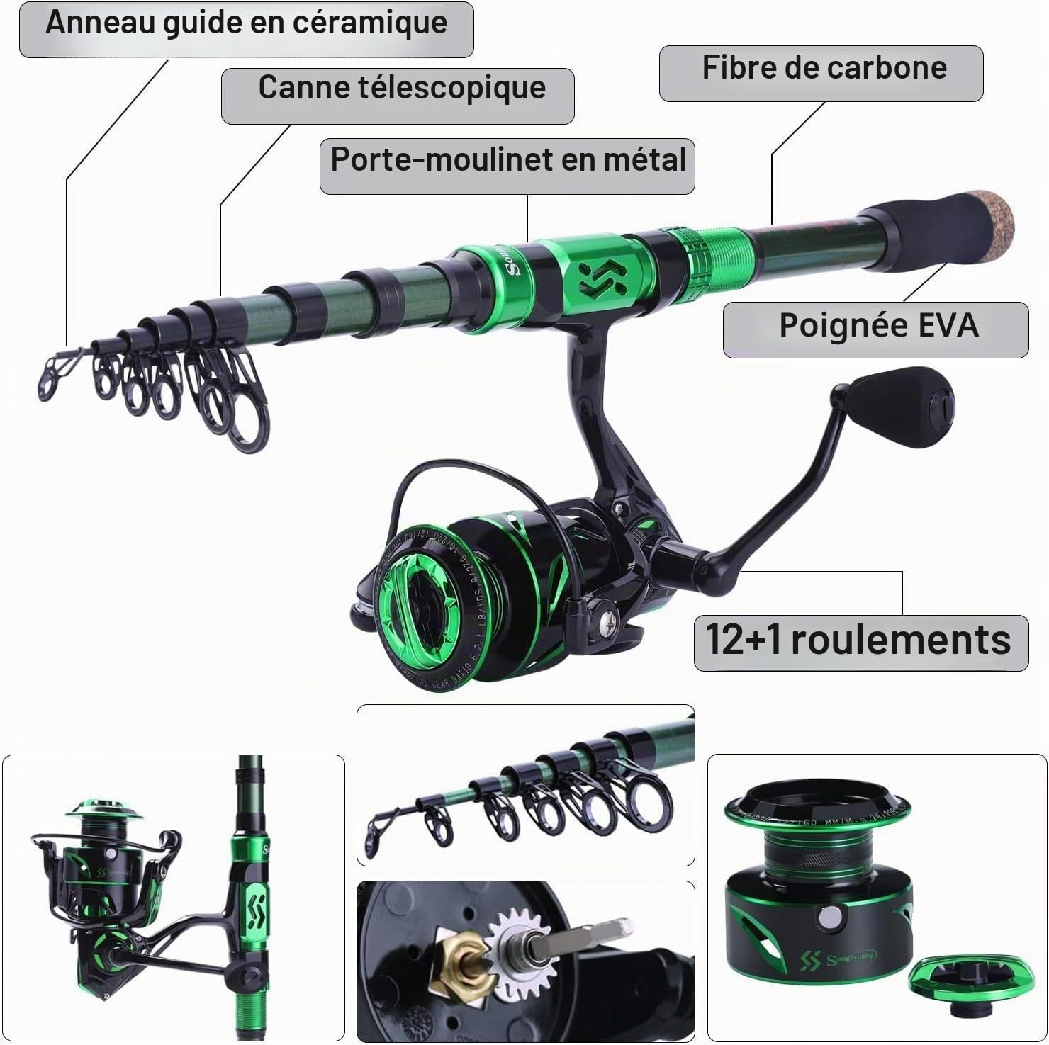 Ensemble Canne à pêche et Moulinet, Canne à pêche télescopique en Fibre de Carbone 12+1BB Moulinet avec Sac de Transport pour Eau salée et Eau Douce