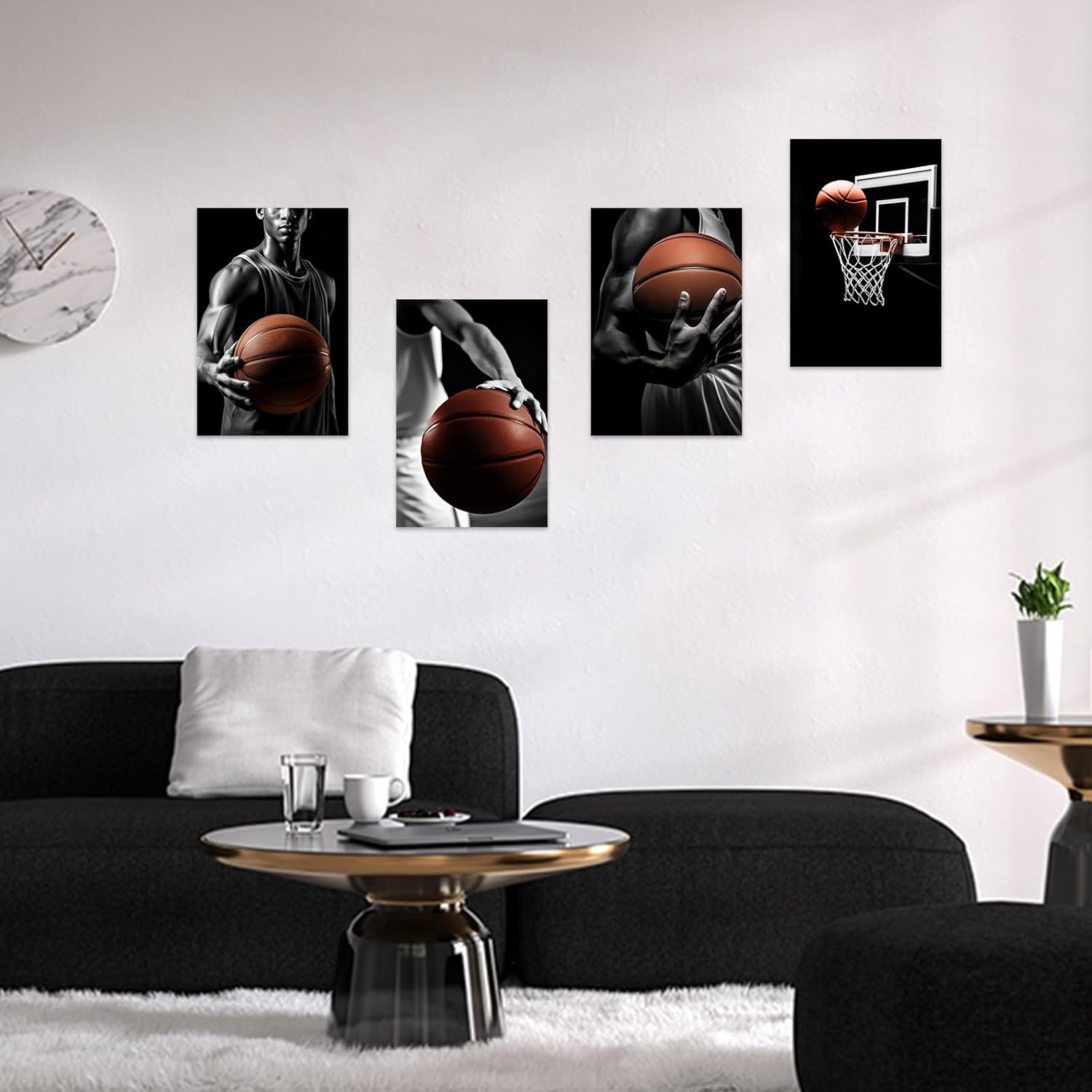 ZXHYWYM Black and White Sports Wall Art 4 Piece Basketball Picture Canvas Basketball Court Poster Print Sports Fans Men Boys Teens Room Decor Framed (A, (8"x12"x4))