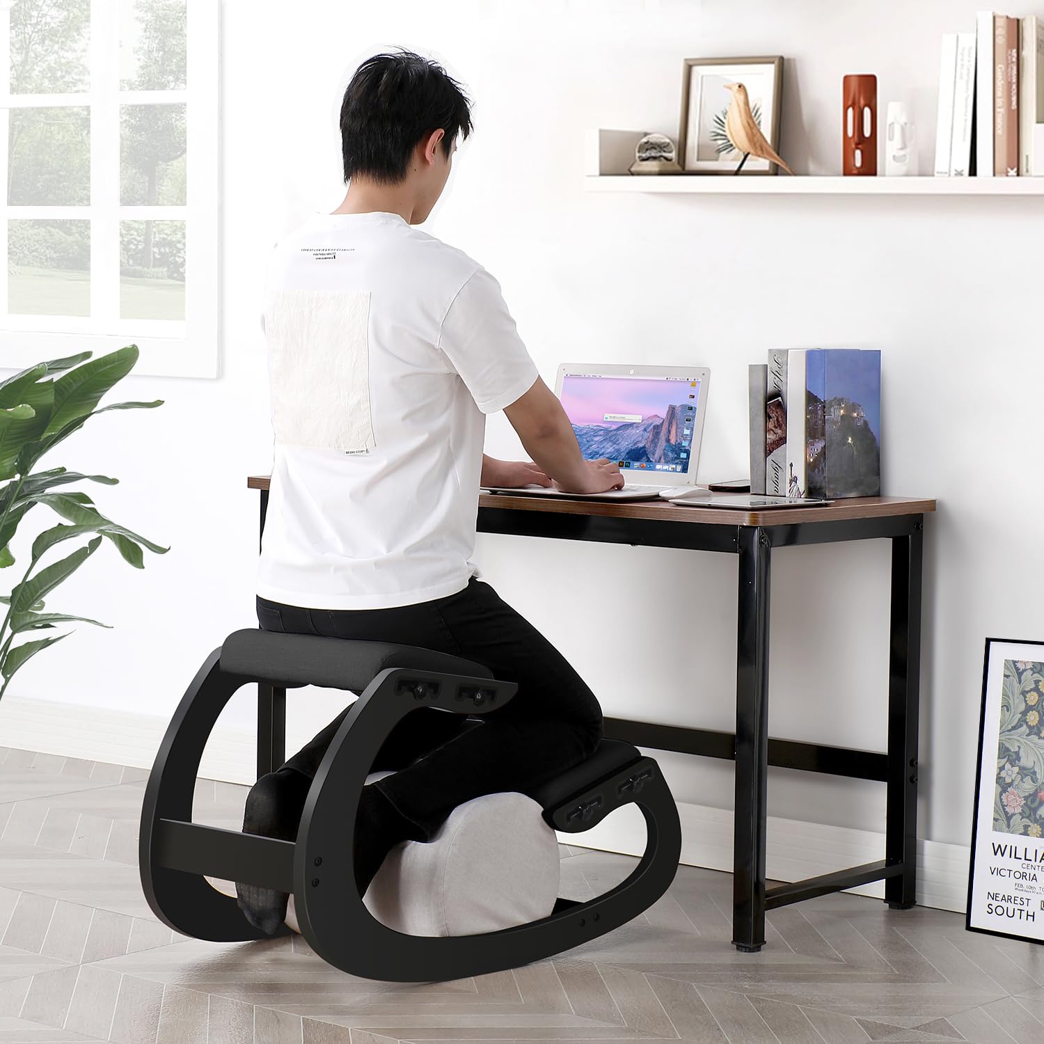 Adjustable Kniestuhl, Ergonomischer Schaukelstuhl aus Holz - Verbessern Sie Ihre Körperhaltung mit einem angewinkelten Sitz für Zuhause, Büro (Black)