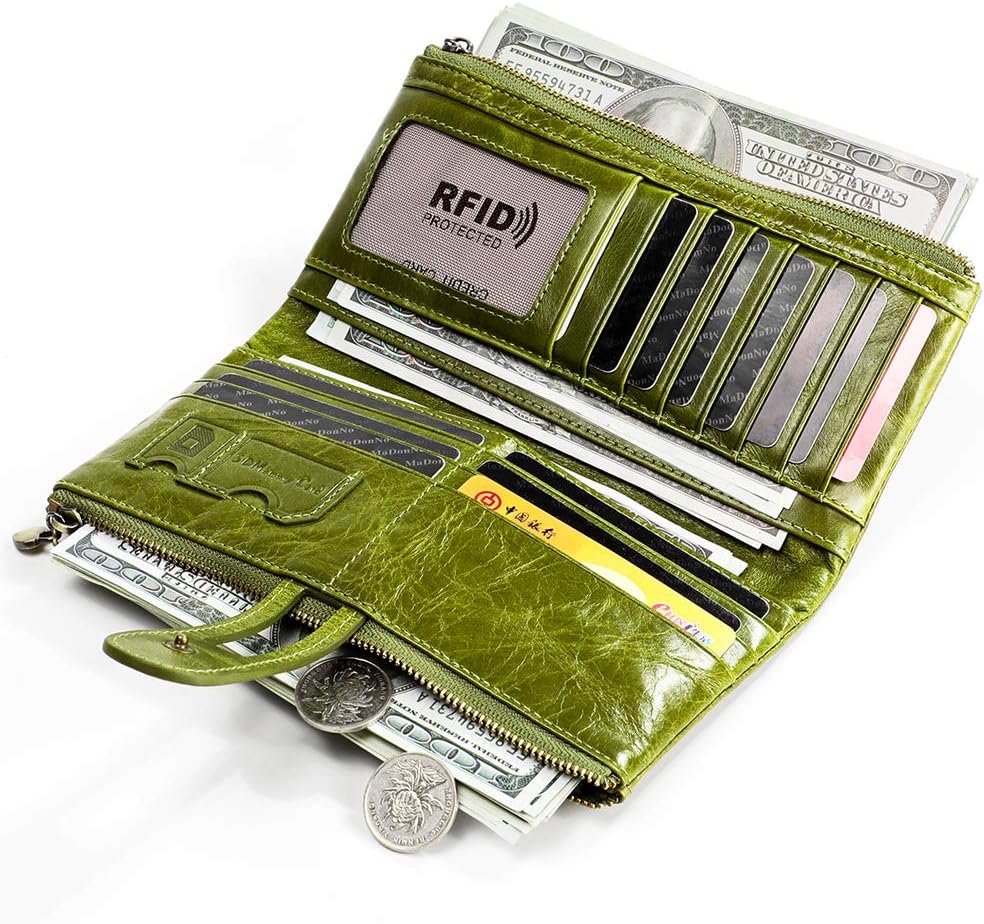 Women's RFID Blocking Wallet Soft Leather Clutch Money Ladies Purse Slim Card Holder Organizer Zip Pocket (3513-Green)