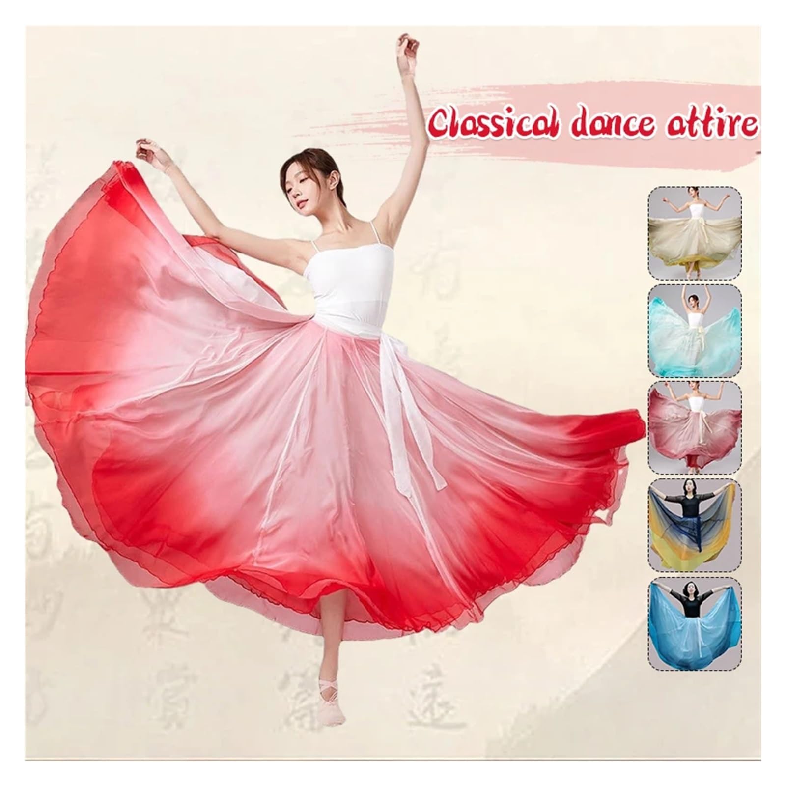 Gonne da Ballo in Chiffon 80-100cm Donne Cinese Classico Danza Vestito Fluente Chiffon Grande Swing Mezza Gonna Spettacolo Teatrale Tradizione Costume Danza(Color-3,100cm)