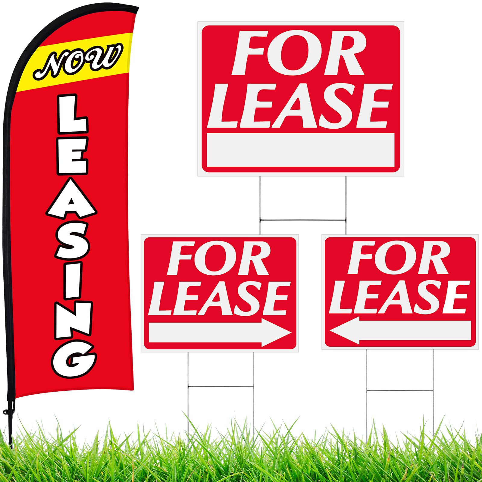 Photo 1 of Buryeah 4 Set Now Leasing Sign Now Leasing Feather Flag Banner Pole Kit 3 Pack for Lease Double Sided Directional Arrows Sign with Metal Stakes for Estate Flags Business Advertising Outside(Red)
