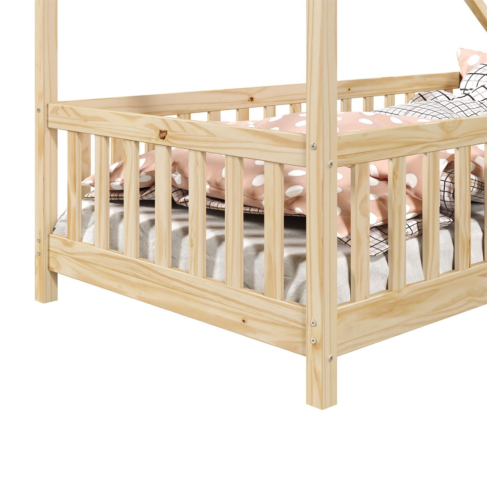 IDIMEX Hausbett CORA 90x200 cm, Natur - Kinderbett mit Rausfallschutz aus Massivholz, Montessori Bodenbett, Holzbett für Jungen und Mädchen