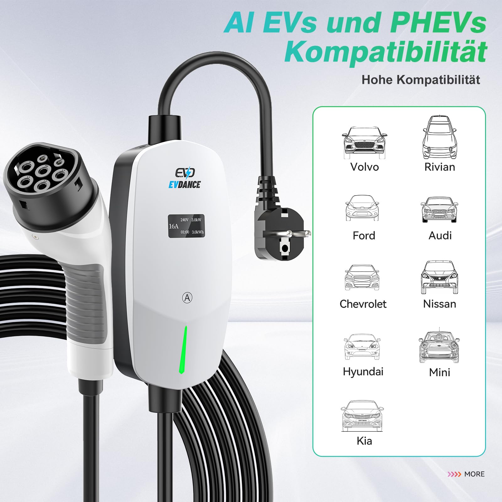 EVDANCE Ladekabel Typ 2 Schuko 6.1m 3.68KW Tragbares Ladegerät mit OLED Bildschirm 6-16A für PHEV/EV-Weiß