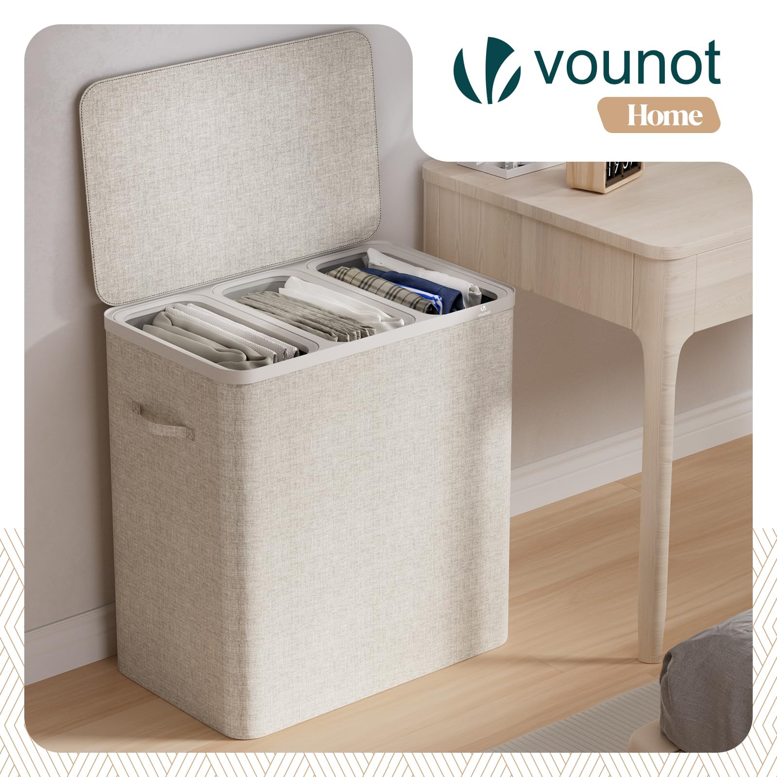 VOUNOT® Cesto Portabiancheria 170L Rettangolare a 3 Scomparti con Coperchio, Cesto Biancheria Grande Capacità con 3 Sacchi Rimovibili Autoportante e Manici, per Bagno, Camera e Lavanderia, Beige - 2