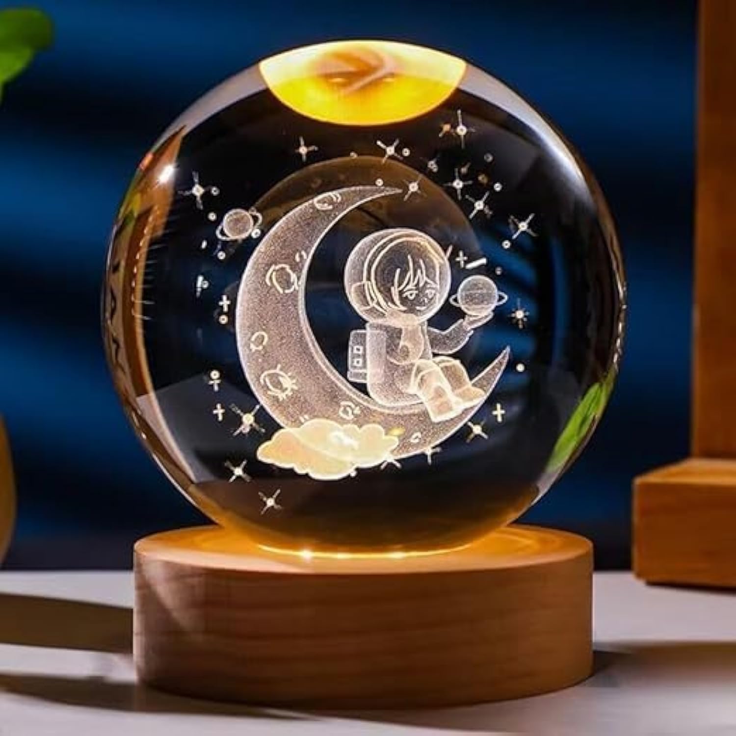 Desidiya 3D Moon Astronaut Crystal Ball Night Light with Wooden Base - LED USB Table Lamp for Kids, Teens, and Home Decor