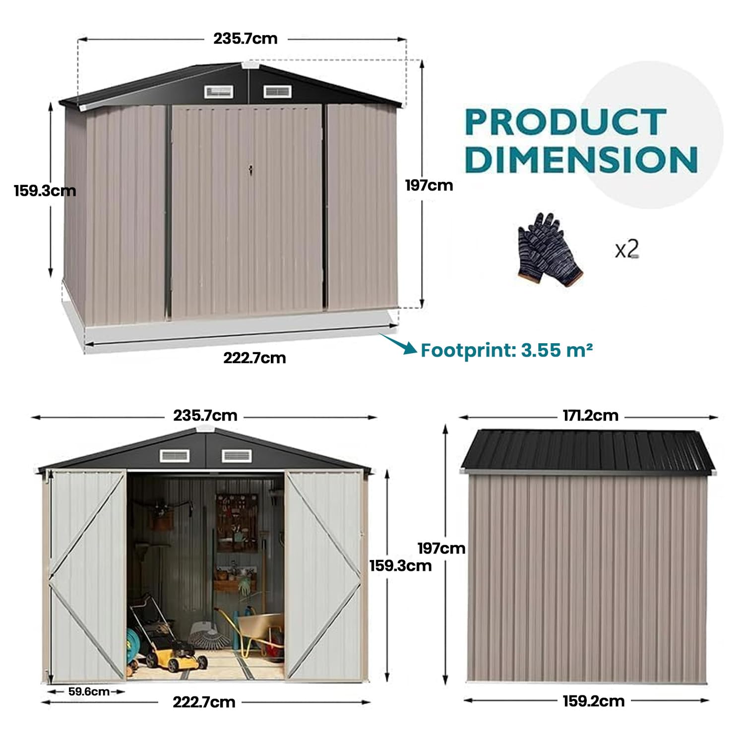 GVDV Geräteschuppen Metall 236 x 171 x 197 cm – Gerätehaus mit Belüftung & abschließbaren Türen,Wetterfester Outdoor Geräteschrank für Garten,Terrasse & Hof – Für Fahrräder,Werkzeuge & Rasenmäher