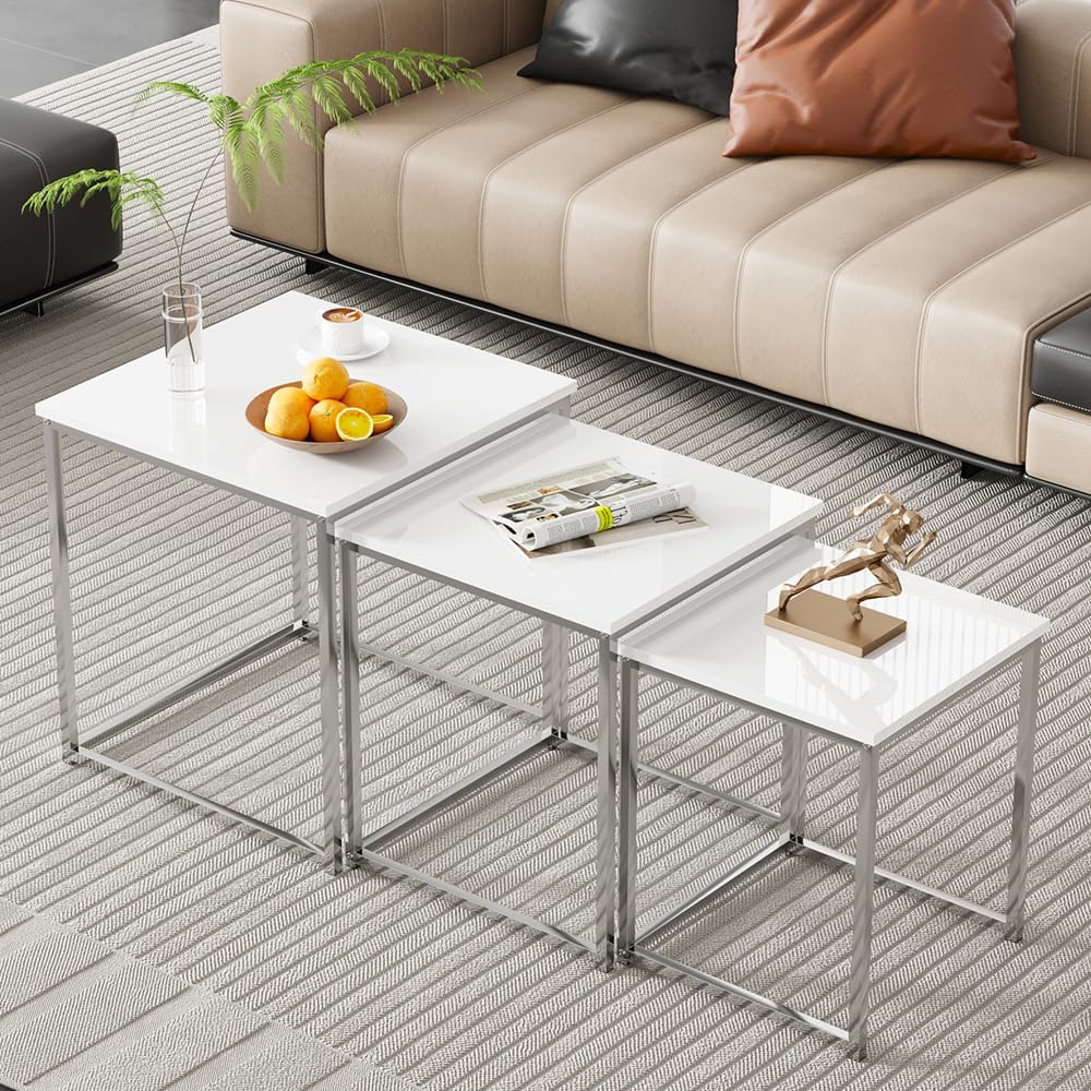 Set of 3 Nesting Coffee Tables White for Living Room, High Gloss Nest of 3 Nested Tables Sofa Side Table Coffee Table End Tables Space Saving