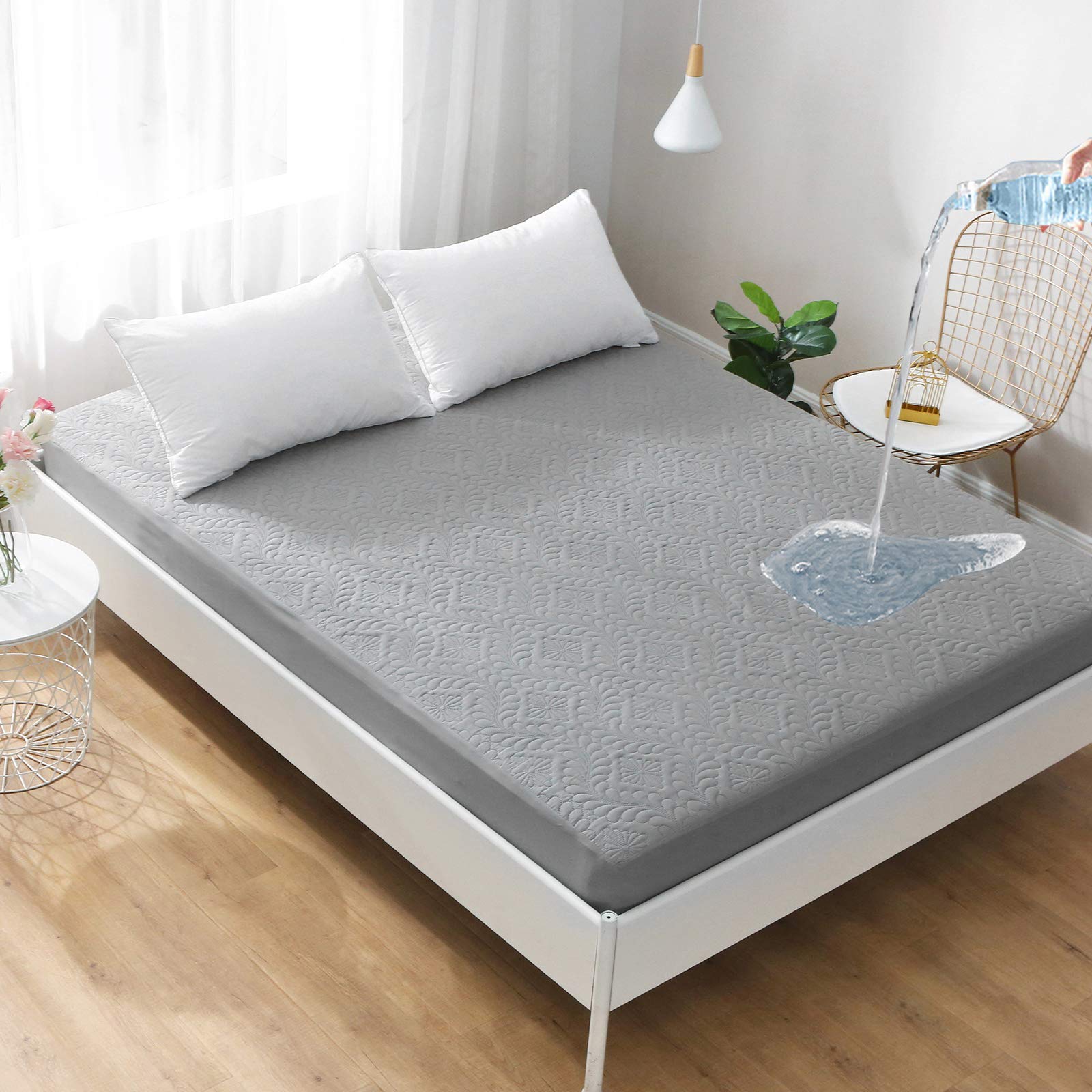 DuShow Twin Mattress Protector Waterproof Quilted Mattress Pad Cover Fitted Sheet Style 18" Deep Pocket Dark Gray