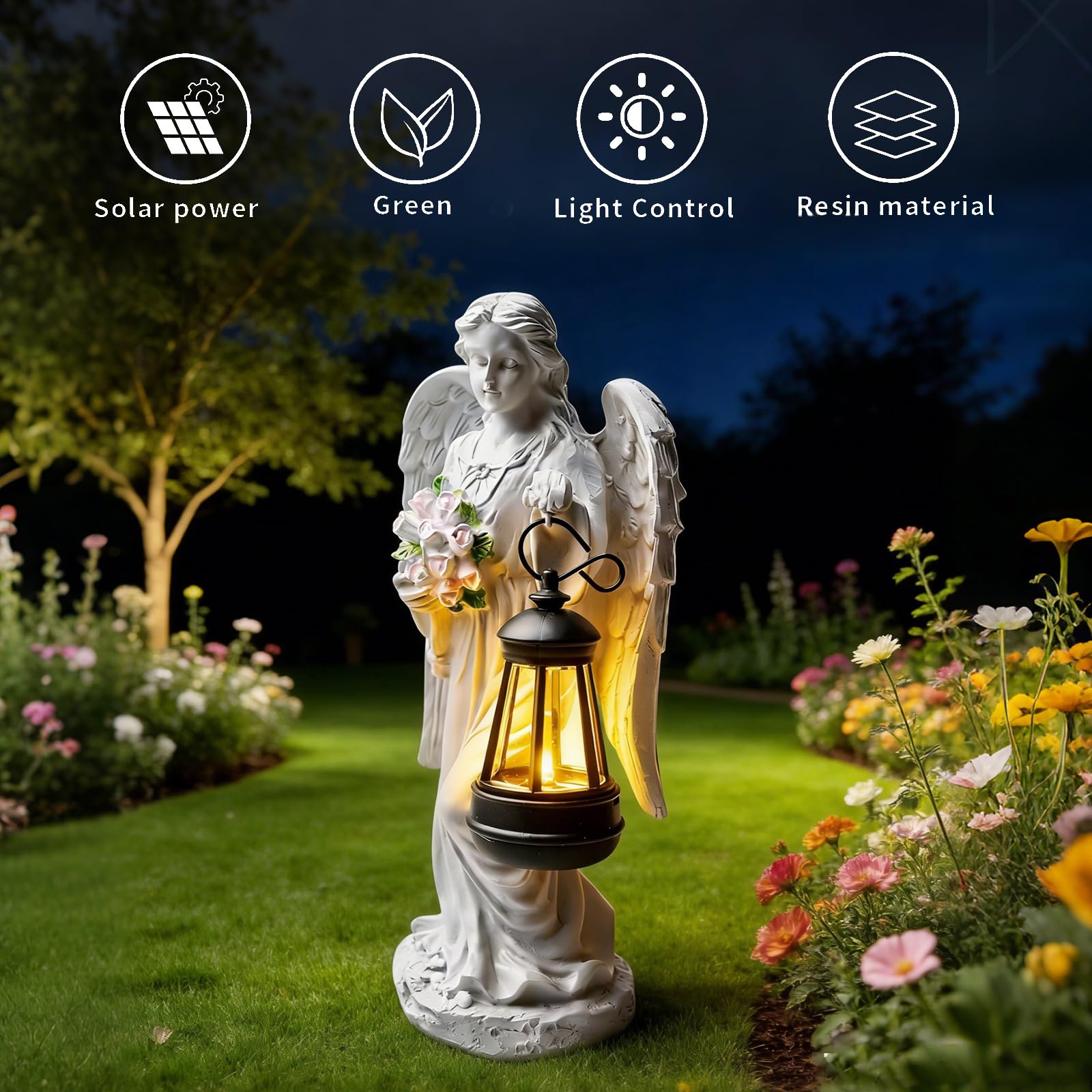 PORFOYO Figurine ange solaire pour jardin, décoration de tombe résistante aux intempéries, décoration de jardin solaire pour extérieur, petite lumière funéraire pour décoration extérieure, décoration