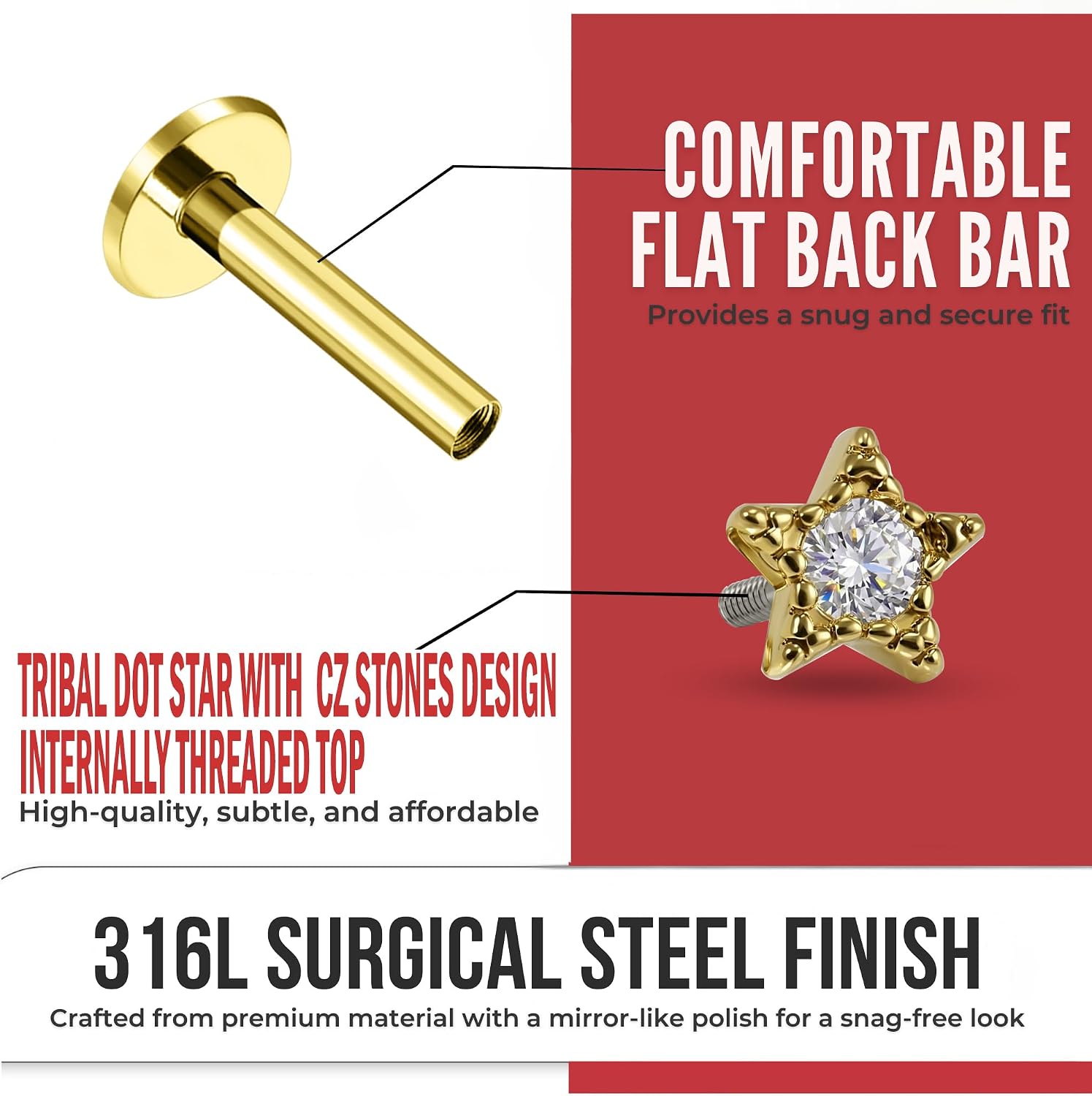 Tribal Dot Star Cz Stones Design Internally Threaded Top 16 Gauge - 6mm, 7mm, 8mm Length Flat Back Lip Labret Stud - Tragus Earring - Cartilage, Helix - Tragus Piercing Jewelry