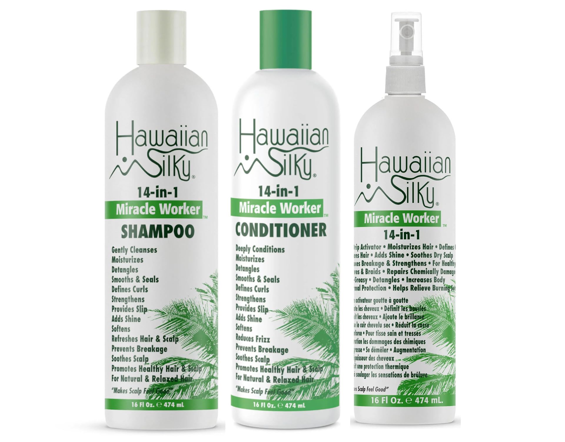 Hawaiian Silky 14-in-1 Miracle Worker Hair Care Set, Shampoo, Conditioner and Activator Spray, 16 Fl Oz Each