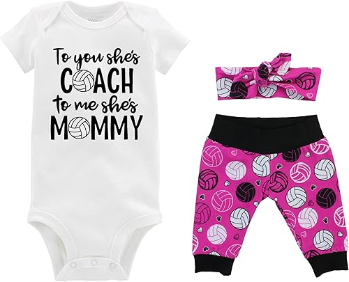 Coach Mommy Pink Girl Volleyball Baby Outfit Heart Outfit, Personalized, Preemie to 24 Months, Pink Volleyball - Pants, Headband, and Bodysuit