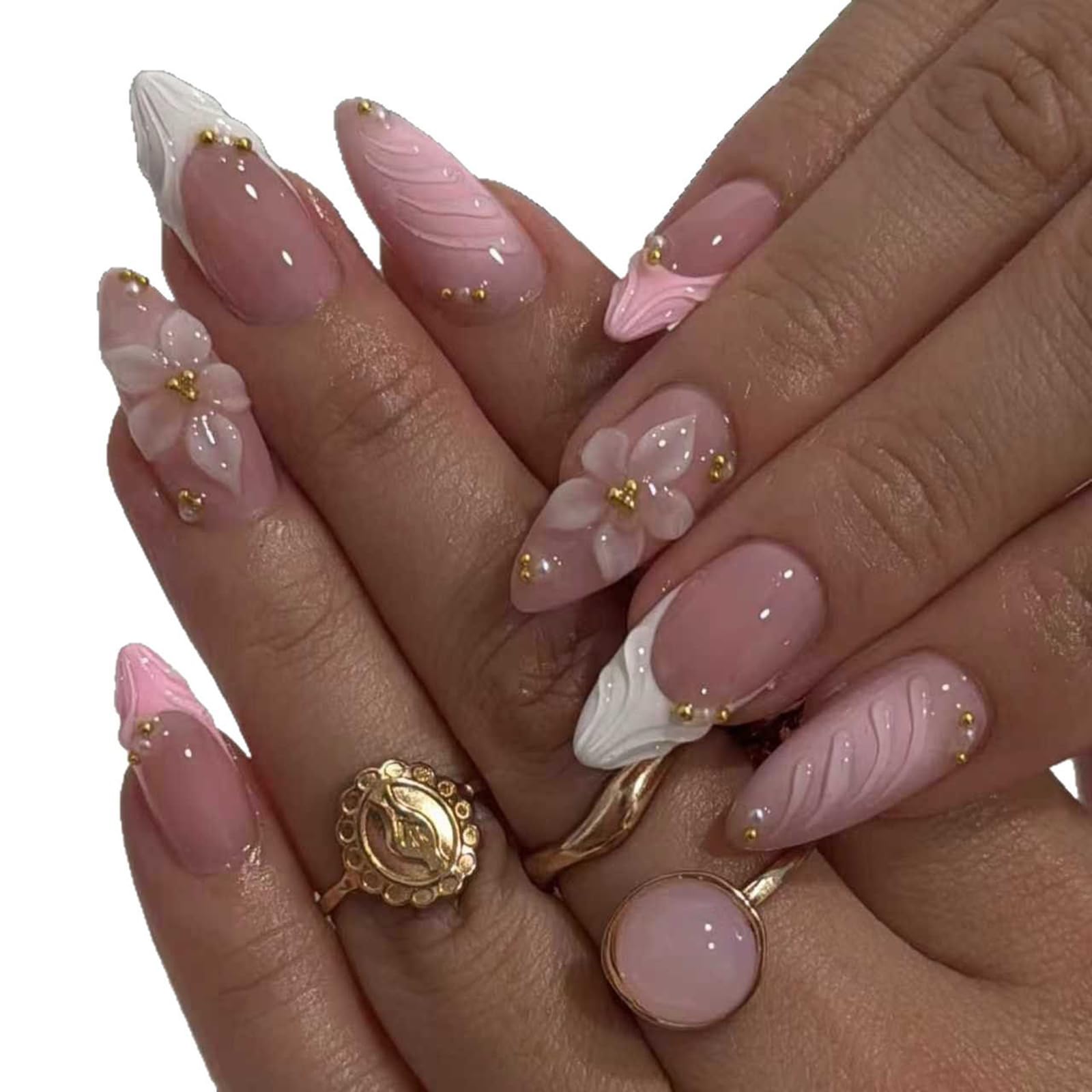 Pink Press On Nails, French Tip 3D Floral Designs with Gold Accents, Reusable Artificial Nails for Daily Wear and Special Occasions, 24-Piece Set Including Jelly Adhesive and Nail File-image-36