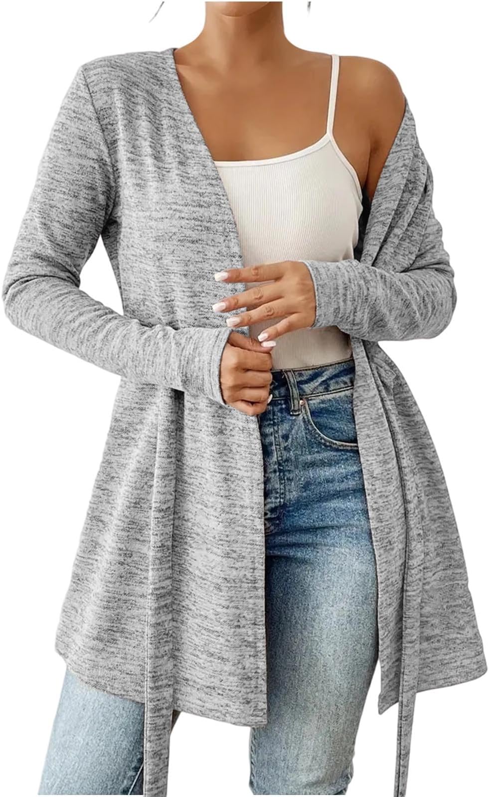 Long Cardigans for Women Uk Tie Belt Waterfall Cardigan Ladies Full Sleeve Open Front Jackets Teens Loose Dusters Coat Girl Plus Sizes Boyfriend Sweater for Winter Fall Out Going