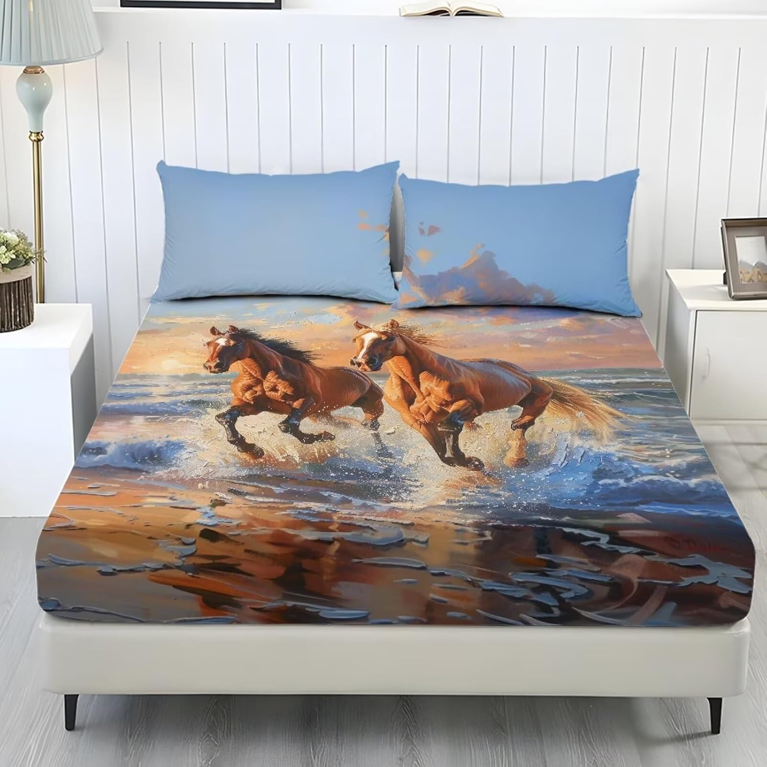 Pink Rose Highland Cow Kids Sheets Set Bedding Set Cute Animal Fitted Sheet for Boys Girls Children Cartoon Style Bed Sheets for Living Room, Teal Blue(No Top Sheet)
