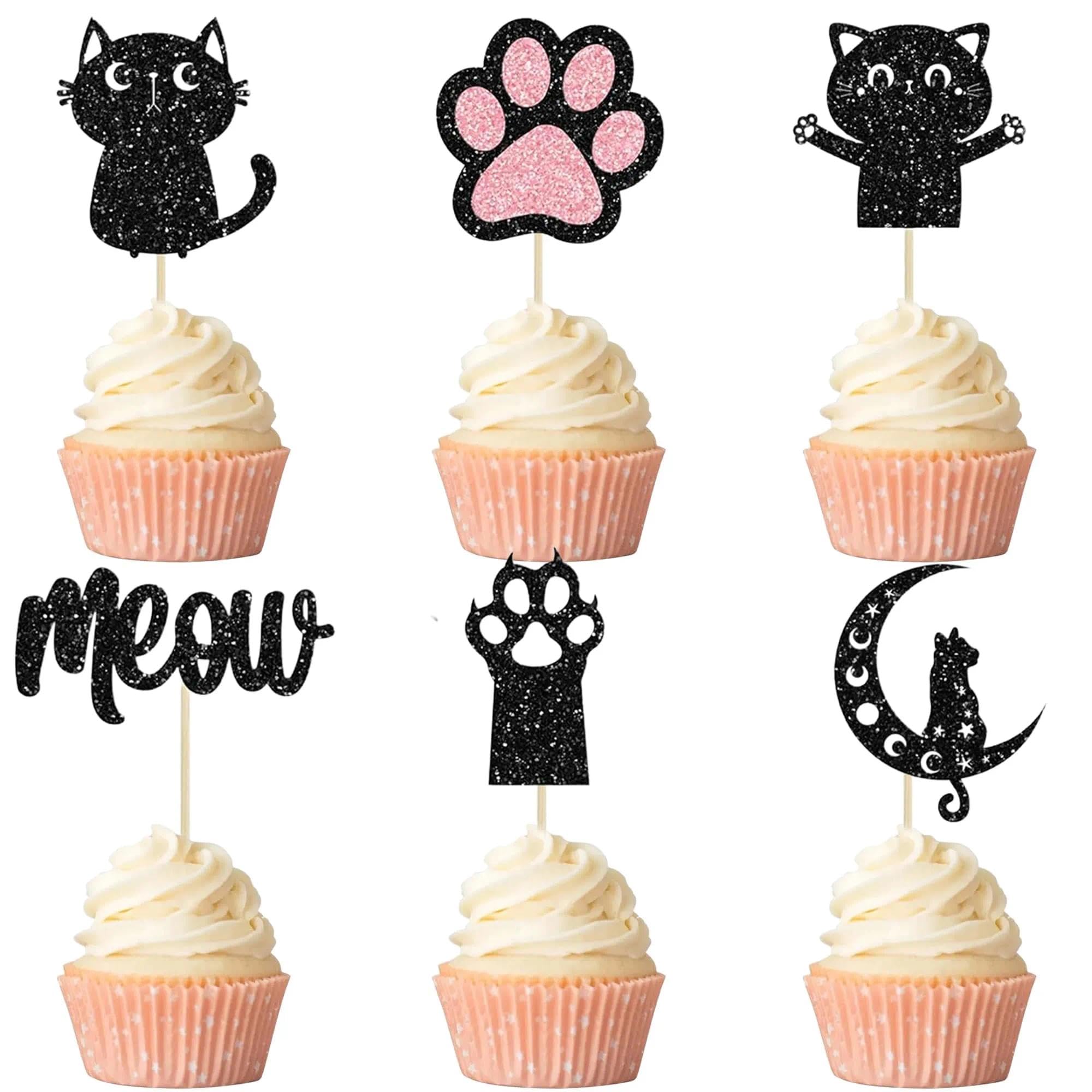 12 Pcs Cat Cupcake Topper, Black Glitter Cat Meow Cupcake Decoration for Cats Lover Kitten Theme Shower