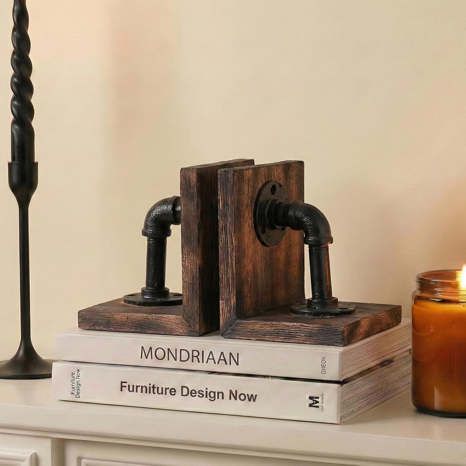 Industrial Decor Book Ends - Steampunk Decor Book Ends for Shelves, Resin Book Ends for Heavy Books, Mens Office Decor Bookends for Shelves, Unique Vintage Pipe Decorative Bookends