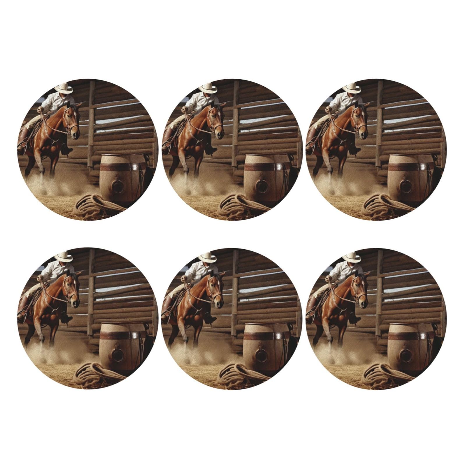 6pcs Leather Coasters for Drinks, American West Rodeo Drink Coasters for Tabletop Protection, 4" Cup Coasters for Coffee Table Decor, Non-Slip Drinking Cup Mat for Hot Or Cold Drink