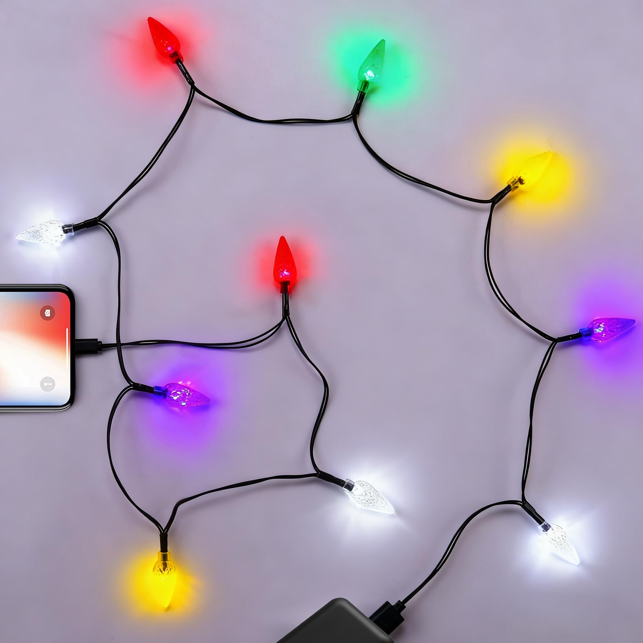 2 luces de Navidad Cable de carga para teléfono móvil, 140 cm USB-A a Lightning Cable de carga con 10 bombillas LED, cable de carga de vacaciones, compatible con teléfono/i 14/13/12/11