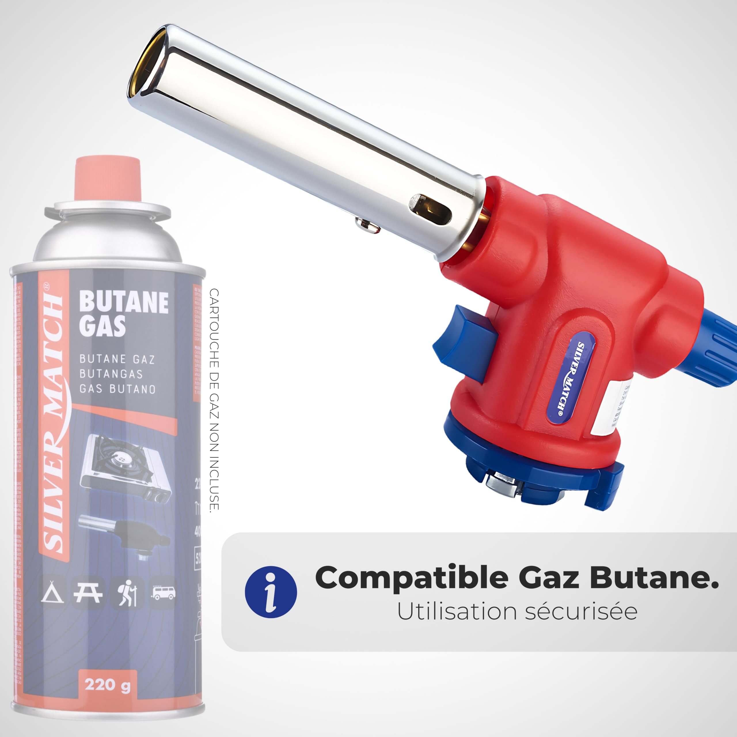 SILVER MATCH Torcia da cucina a gas 1300°, lampada a saldatura, torcia piezo multifunzione, accensione rapida e sicura per cartuccia di gas butano, ideale per brasatura, fiammata, crema bruciata,