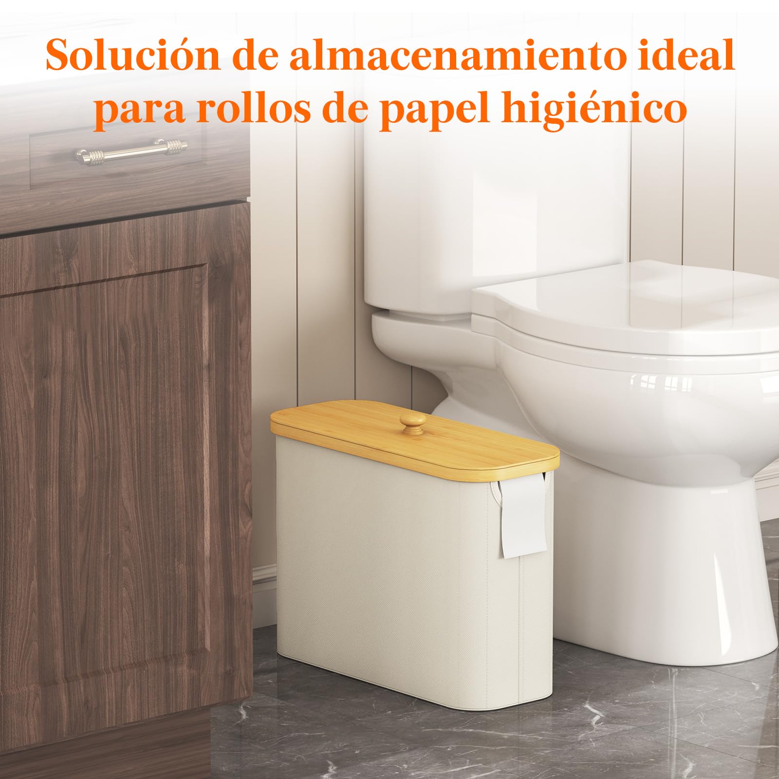 Lifewit Organizador Papel Higienico, Cesta Almacenaje Portarrollos Guarda Rollos Papel Higienico, Bambú Angosto Organizador Baño con Tapa, 23L, Blanco