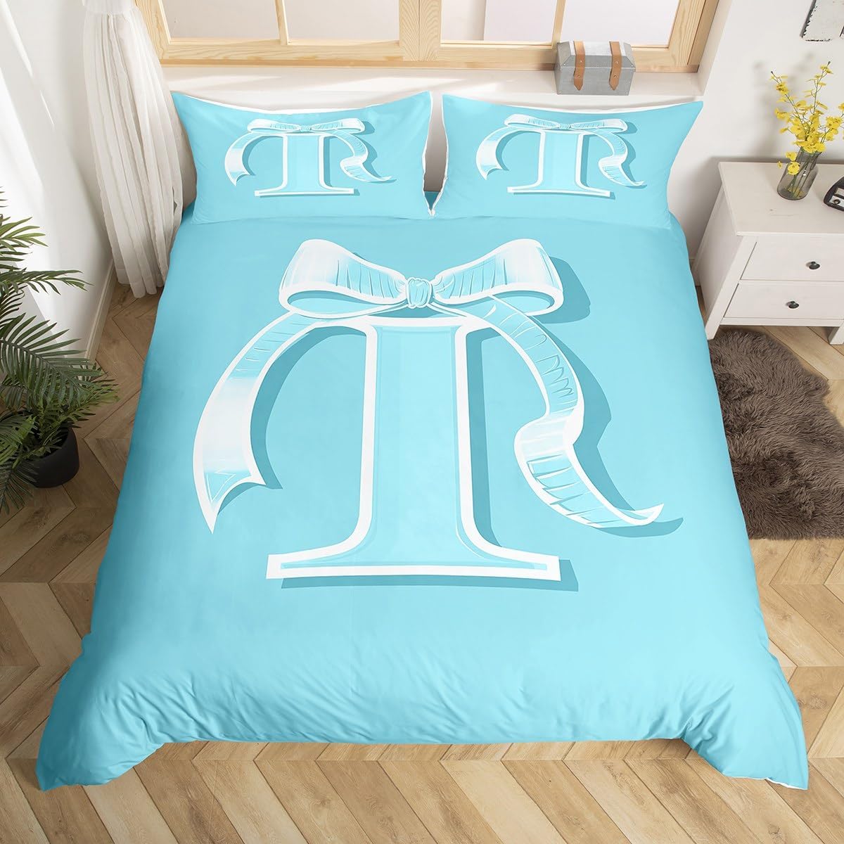 jejeloiu Kids Girls Blue Bow Duvet Cover Toddler Size Monogrammed Bedding Set Ultra Soft Personalized Initial I Comforter Cover Modern Fashion Bedspread Cover Bowknot Bedclothes,No Comforter