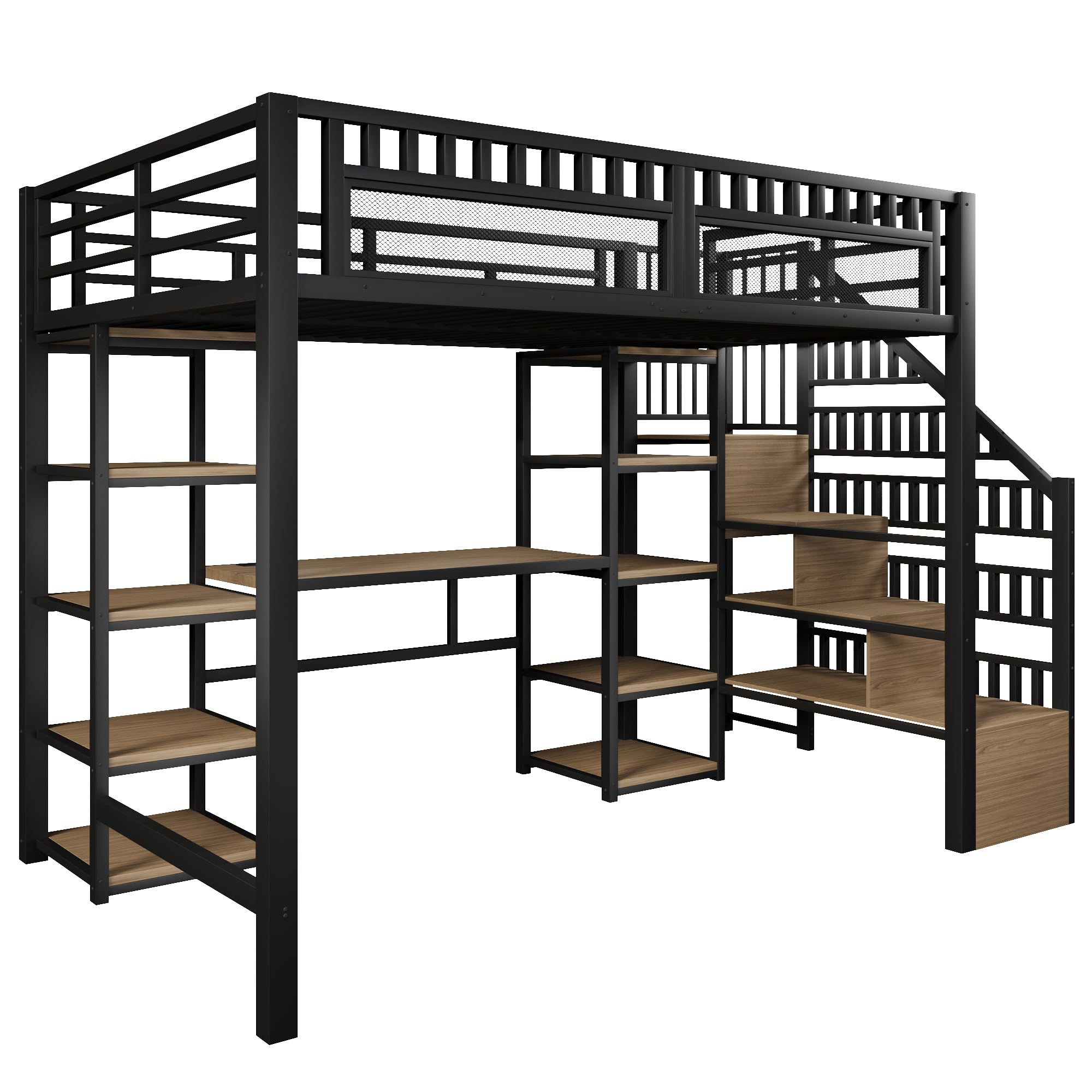 Dolamaní Hochbett 140 x 200 cm Metalbett mit Schreibtisch und Treppe, Bett 140x200 mit stauraum, LED-Lichtleiste & USB-Anschluss, Metalbett Jugendbett Kinderbett, ohne Matratze (schwarz B)