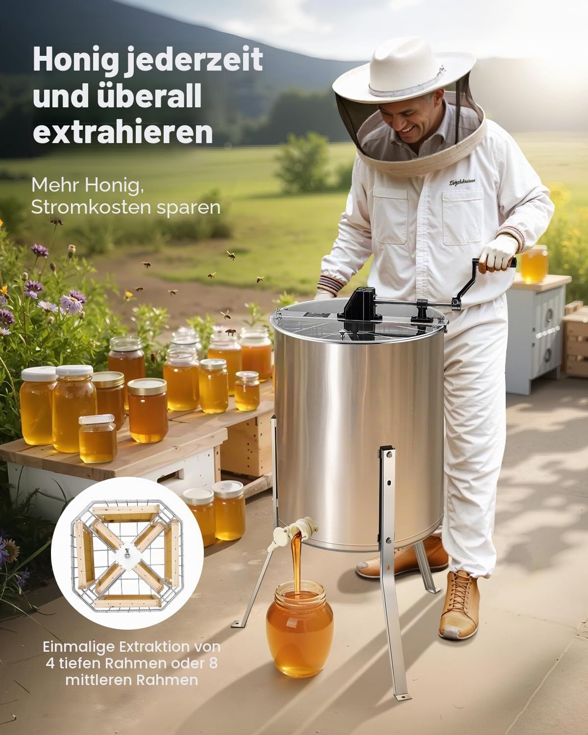 VEVOR Honigschleuder, 4/8 Rahmen, manuelle Tangentialschleuder mit transparentem Deckel, Honigextractor aus Edelstahl mit höhenverstellbarem Ständer, Wabenextraktionsgerät für Bienenzucht