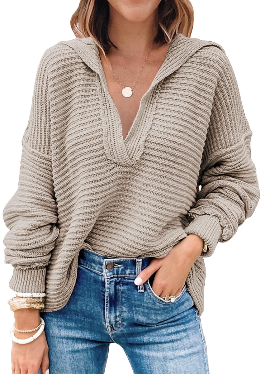 EFAN Women's Oversized V Neck Sweaters 2023 Long Sleeve Collared Tunic Batwing Knitted Pullover Sweater Apricot