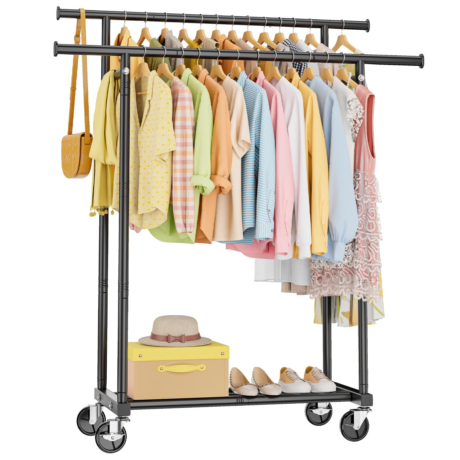 HYSEYY Double Rod Clothes Rail, Rolling Clothes Rack, Heavy Duty Clothing Rail with Lockable Wheels & Storage Shelf, Clothing Rack for bedroom, Laundry, Living Room - 160H x 113W x 42D cm, Blackk