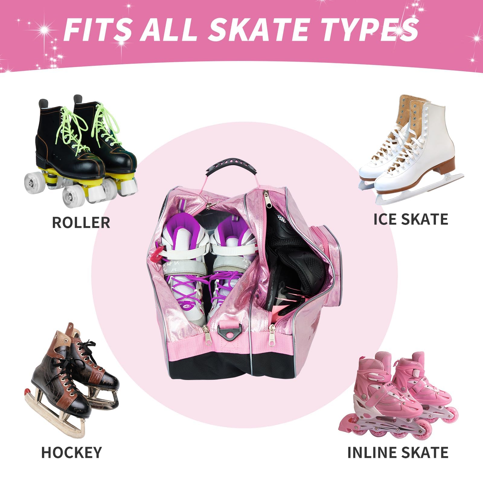NUKied Sac à patins à roulettes respirant avec bandoulière réglable, grande capacité, patins à glace assortis pour enfants et adultes