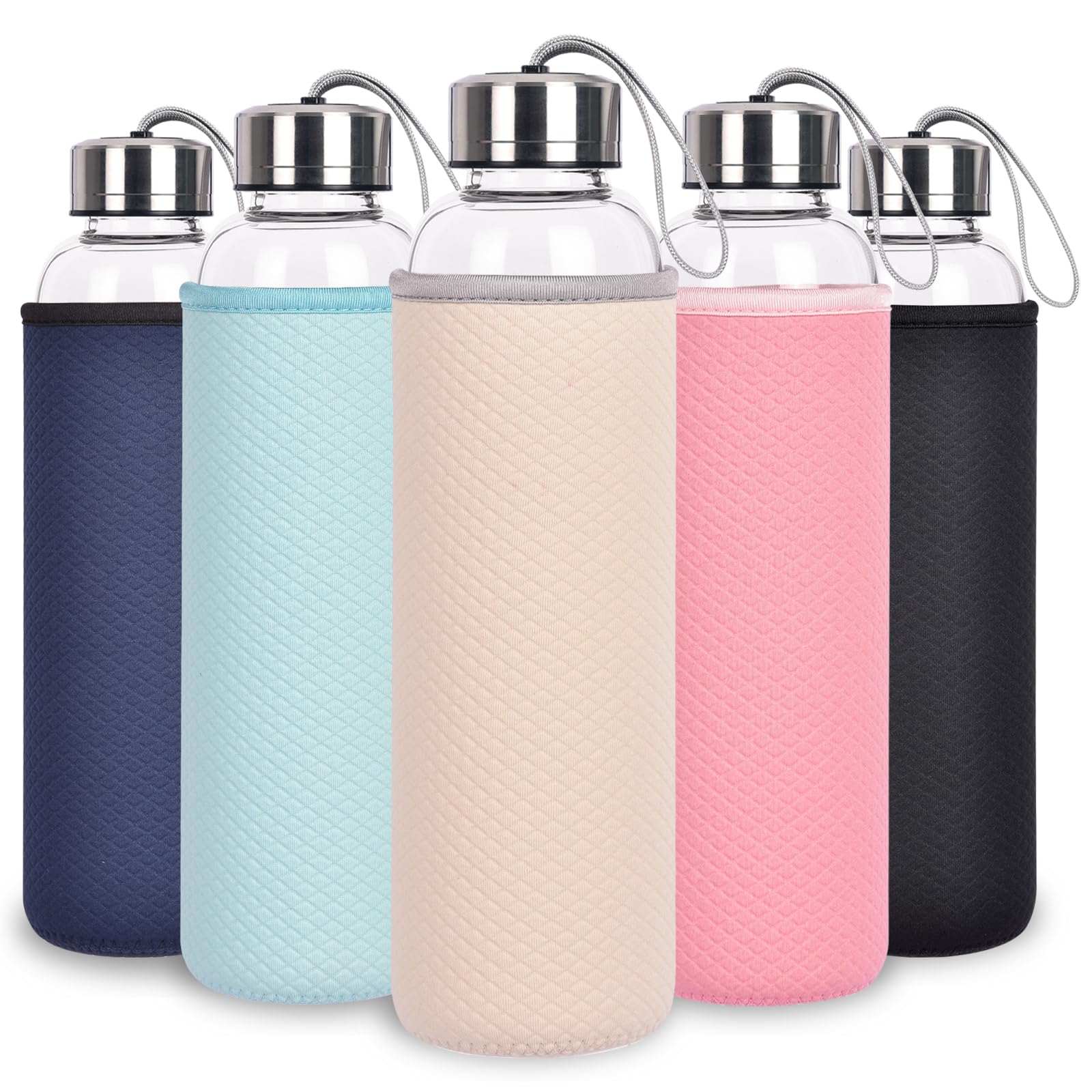 Ferexer Glass Water Bottle 1L with Carrying Cord, 1000ML Borosilicate Glass Leak-Proof BPA-Free Glass Drink Bottles for Coffee, Tea, Juice, Milk, Microwave and Dishwasher Safe (1-Pack, Beige)
