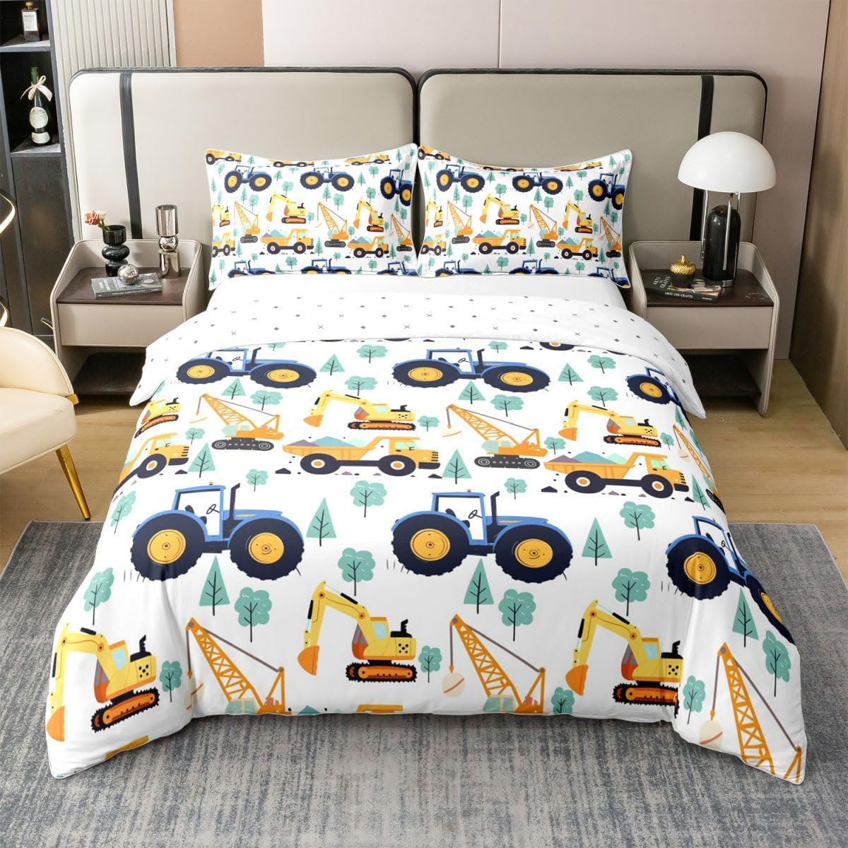 100% Cotton Kids Construction Bedding Sets for Boys,Cartoon Car Excavator Tractor Comforter Cover Full,Cute Equipment Trucks Duvet Cover for Toddler Teen Room Decor Yellow Blue Vehicle Quilt Cover