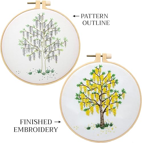Miniatura 3 de B.Embroidery Un kit de bordado de árbol de flores de bricolaje con un fondo de pintura colorido o fondo blanco en un aro de plástico de 6 pulgadas