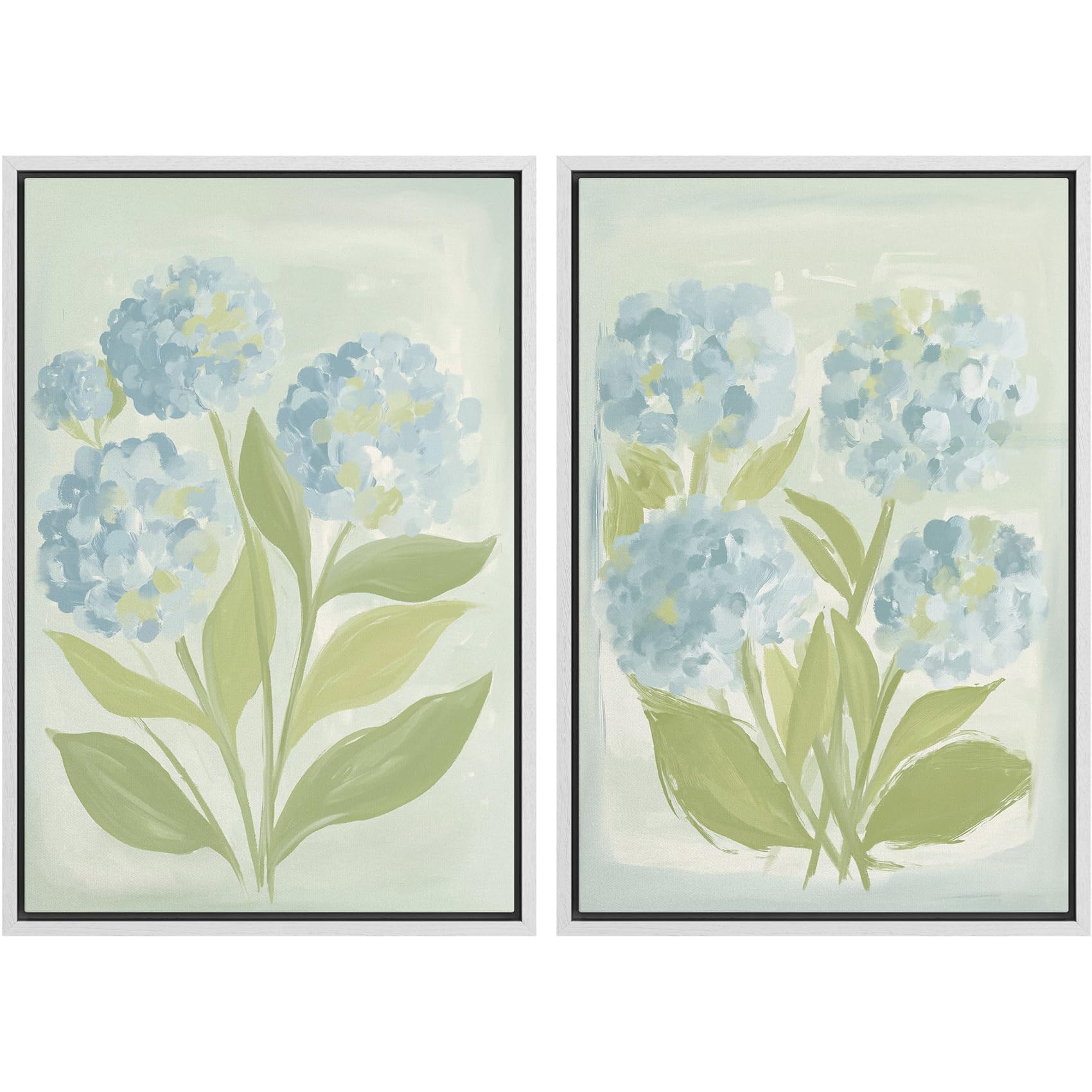 SIGNFORD Framed Canvas Print Wall Art Set Soft Hydrangea Pair Light Blue Florals with Green Leaves Illustration Modern Art Decorative Nordic Nature for Living Room, Bedroom, Office - 24"x36"x2 White