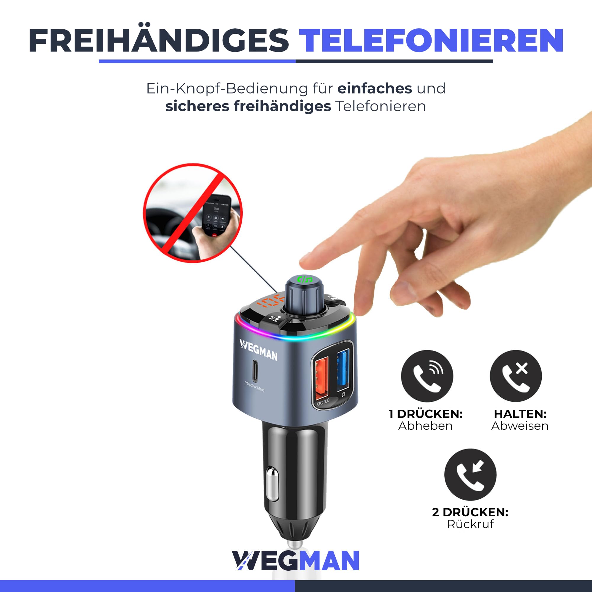 Wegman FM Transmitter Auto Bluetooth, Adapter für Autoradio, Zigarettenanzünder USB C 30W Autoladegerät, Freisprechanlage, Musik über Bluetooth & USB Stick
