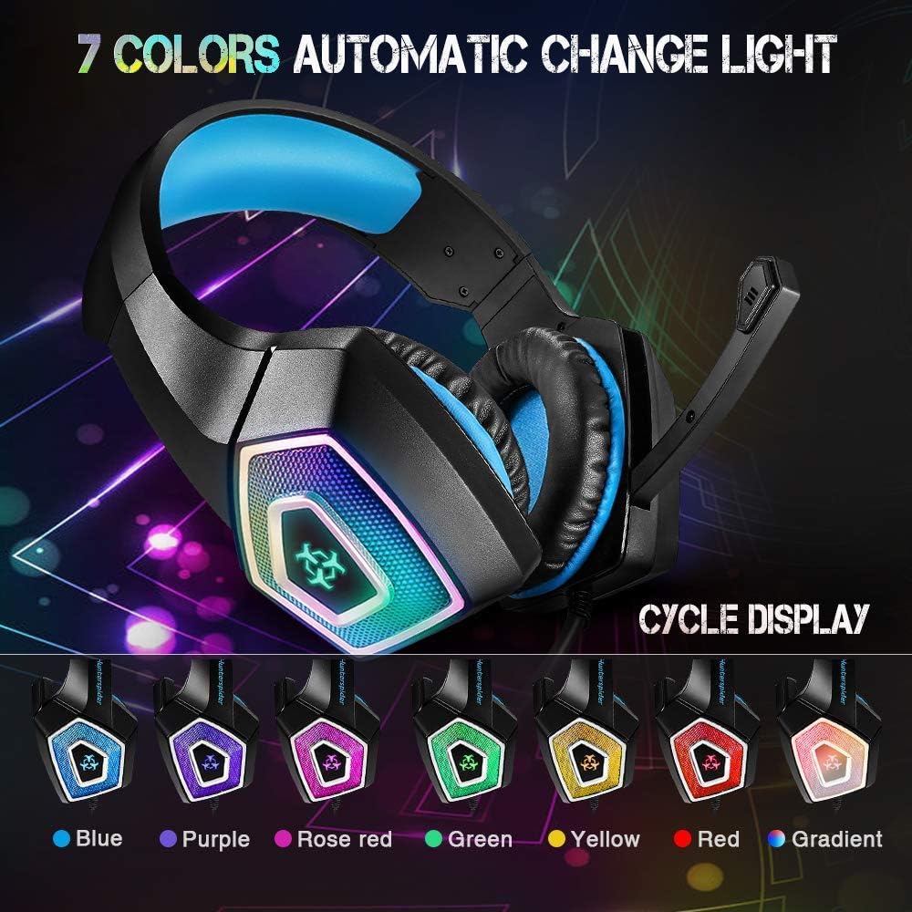 Gaming Headset with Mic for Xbox One PS4 PC Switch Tablet Smartphone, Headphones Stereo Over Ear Bass 3.5mm Microphone Noise Canceling 7 LED Light Soft Memory Earmuffs(Free Adapter) (Renewed)
