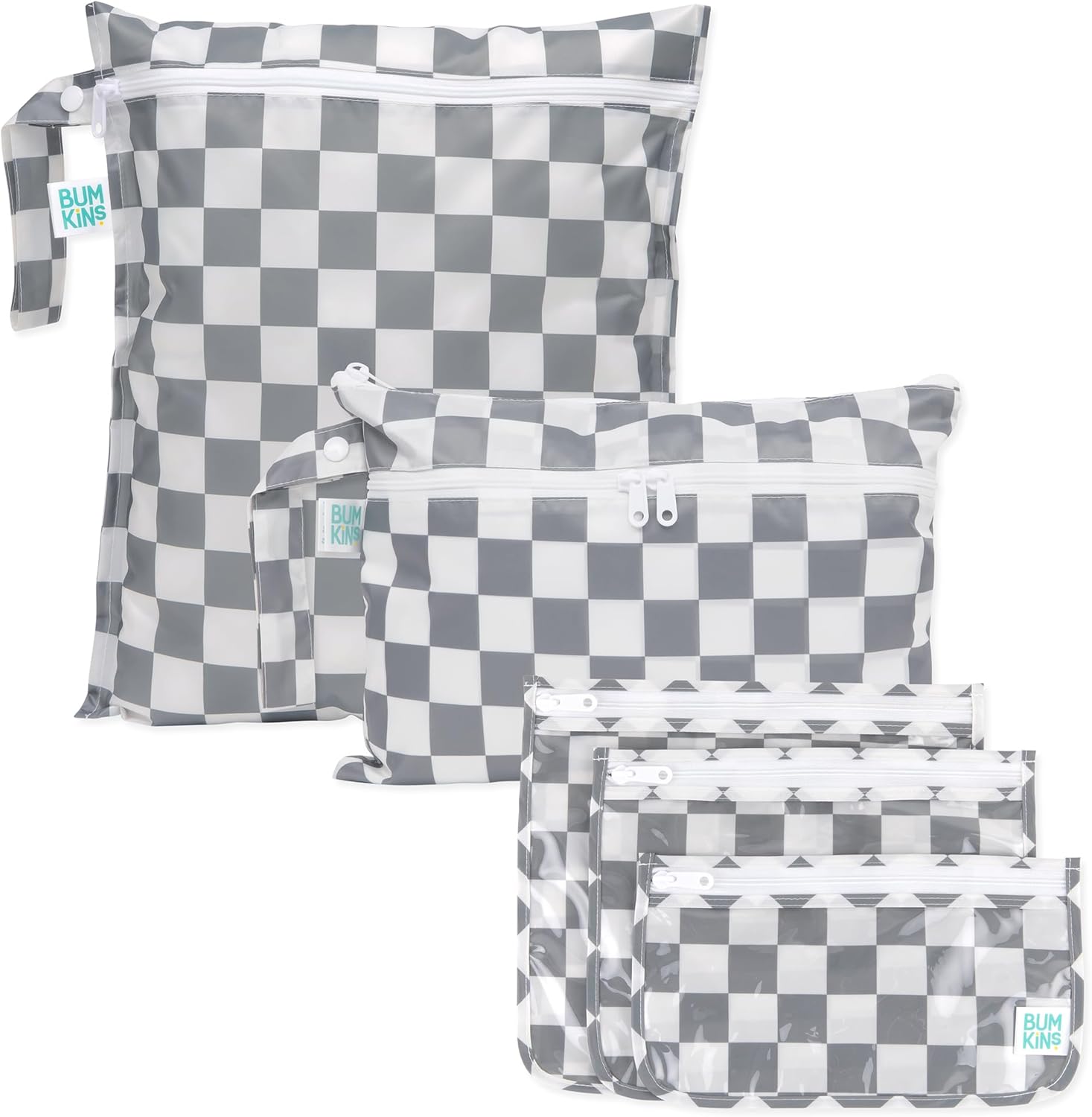 Bumkins - Waterproof Wet Bag, Wet/Dry Clutch & Clear Travel Bags - For Beach, Baby, Travel, Cloth Diapers, Pump Parts, Pool, Gym, Toiletries - Reusable & Easy to Clean - Gray Check - 5 Pack
