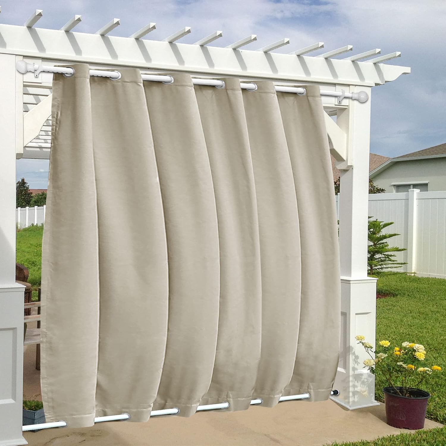 Fcosie 100" W x 96" L Extra Wide Waterproof Outdoor Curtains Fade Resistant Windproof Drapes with Stainless Steel Grommet at Top and Bottom, Soft Canvas Drapery for Balcony Canopy, Beige, 1 Panel